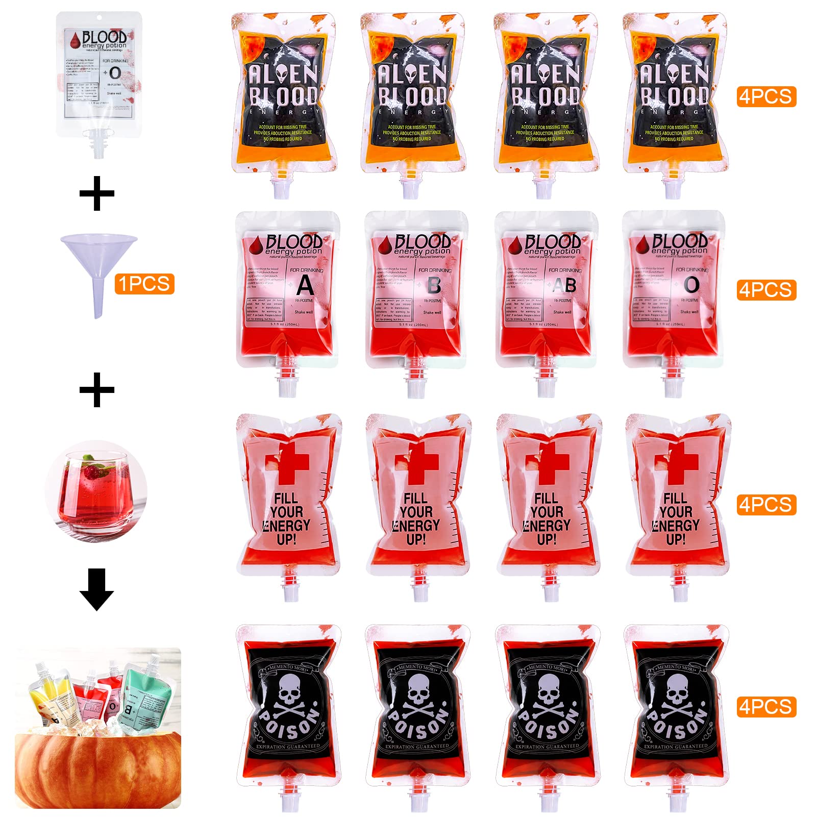 Bolsa de Sangre, 16 Piezas Bolsa de Sangre de Halloween, con un Embudo, Vacías Bolsas de Bebida, para Disfraz de Halloween Suministros Fiesta Temática de Zombis Fiesta de Vampiros — view 2