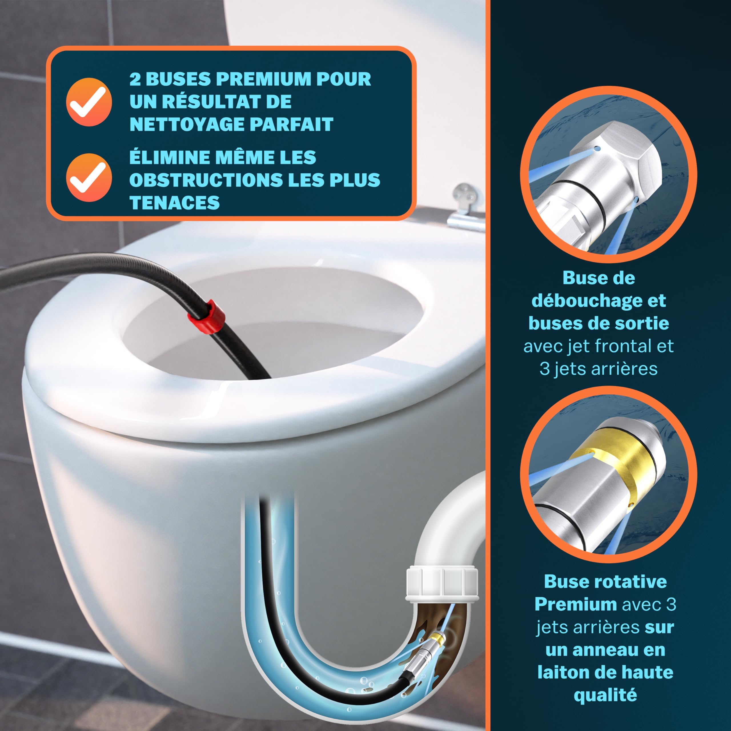 MONZANA® Tuyau déboucheur canalisation Premium 30m 200 bar 3 embouts 2 buses K2 K3 K4 K5 K6 K7 nettoyeur haute pression universel tuyau nettoyage furet