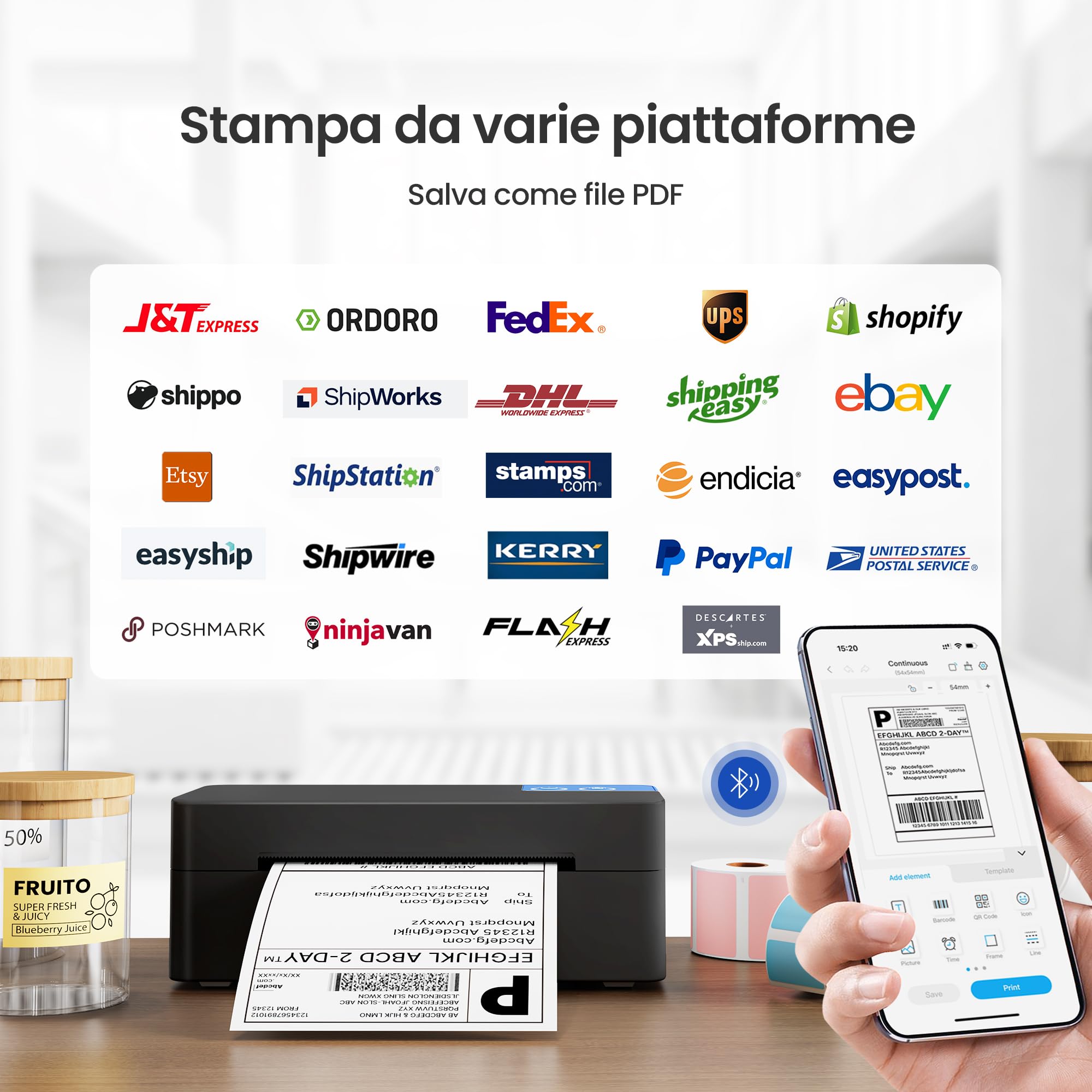 Stampante termica Bluetooth 4x6 per spedizioni, compatibile DHL/Amazon/Shopify/Etsy/UPS, iOS/Android/Windows/Mac - Nero