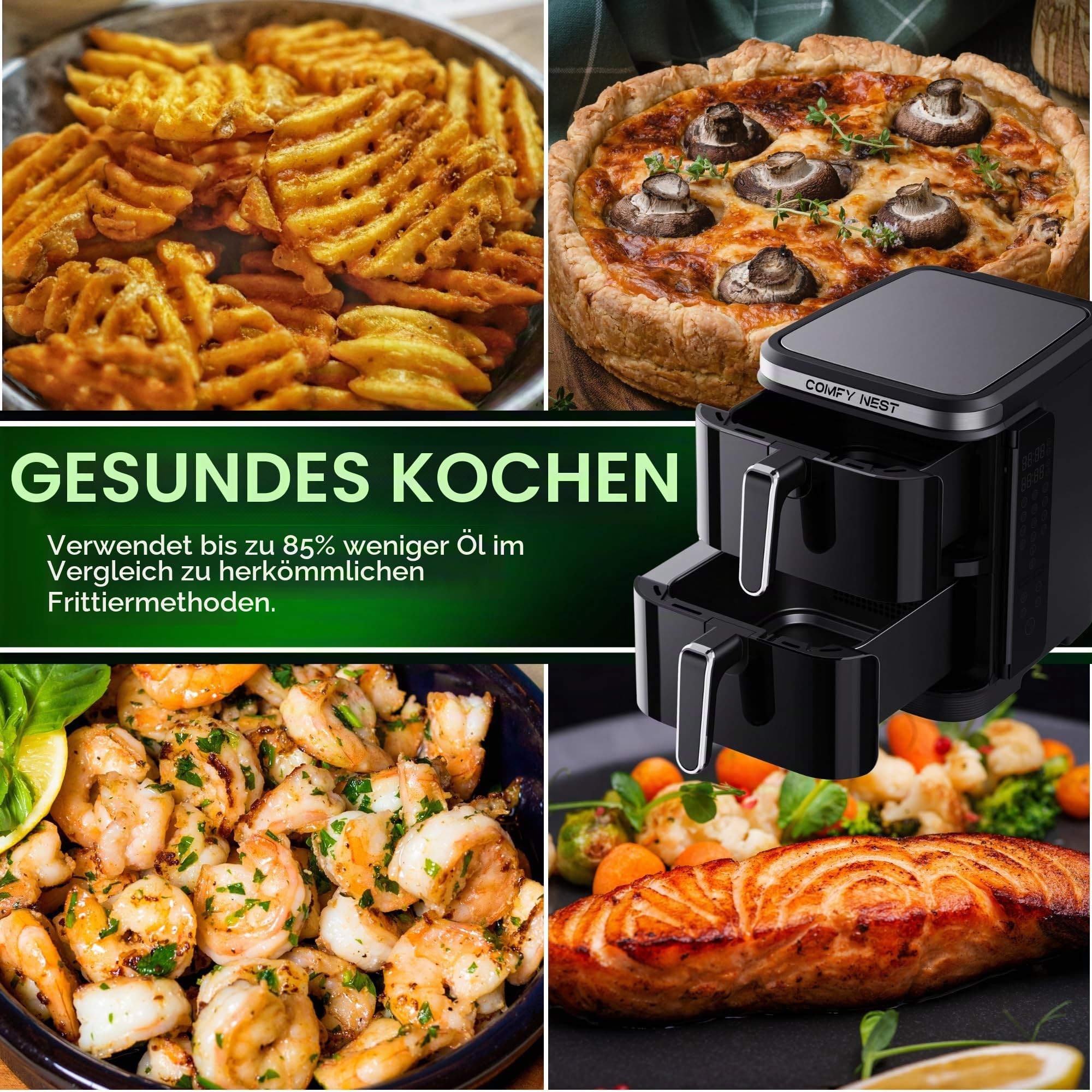 Comfy Nest, 11-Liter-Doppelkorb-Luftfritteuse, Heißluftfritteuse, gleichzeitiges Kochen, digitaler Touchscreen, Rapid Air-Technologie, erhöhte Sicherheit, leicht zu reinigen – 5,5 l, Schwarz