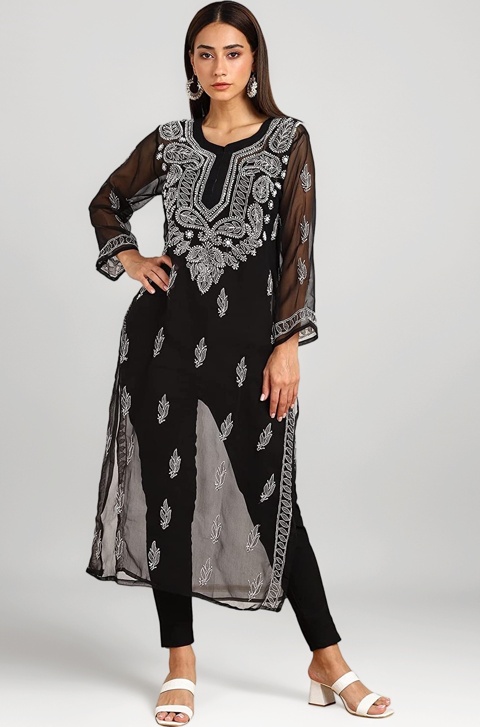 Vahson Women's Lucknow Chikankari Hand Embroidered Georgette Kurta/Kurti (Inner Not Included)