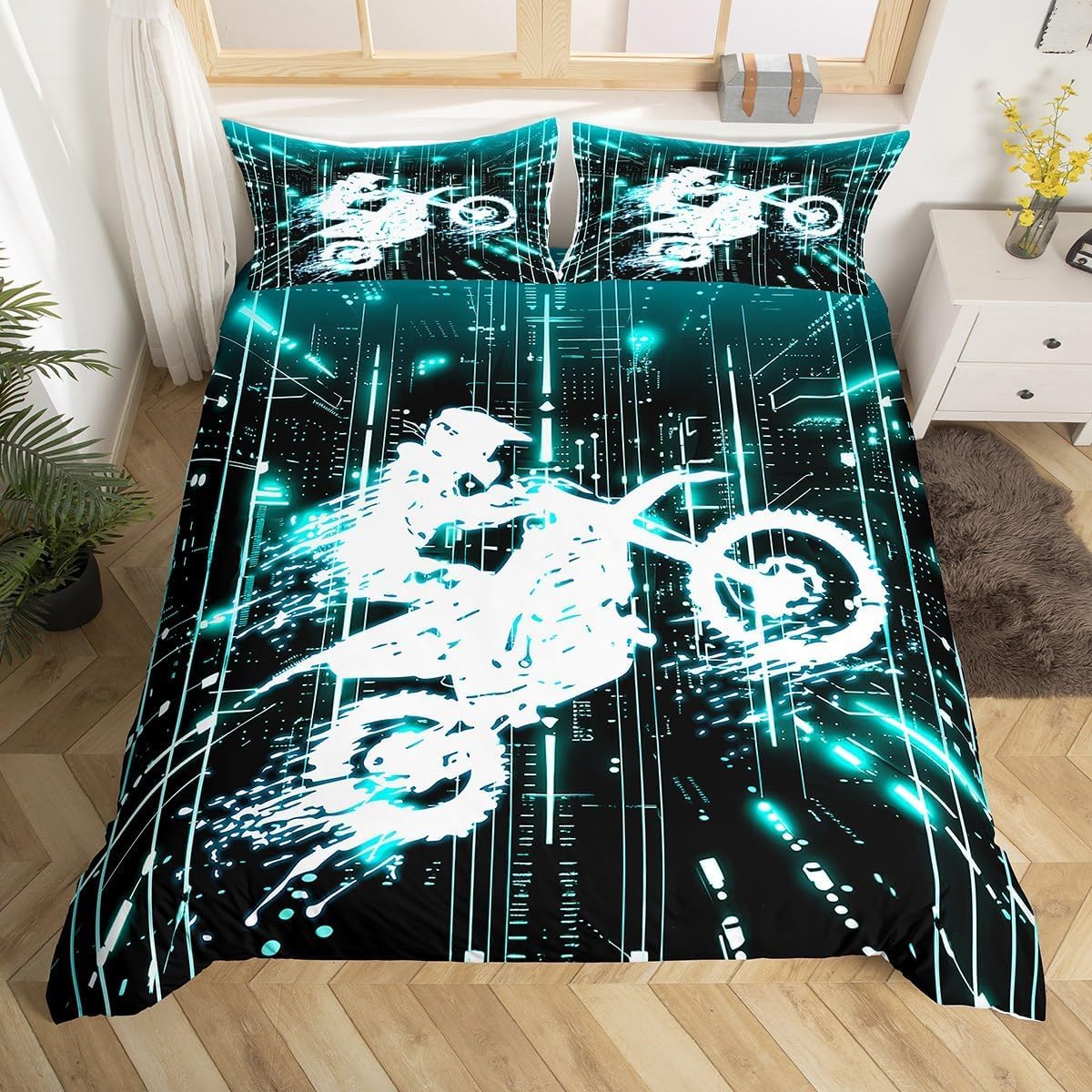 Loussiesd Kids Dirt Bike Bedding Set Cot Size,Racing Motocross Rider Duvet Cover Set for Boys Girls Motorcycle Duvet Cover with 1 Pillowcase Motorbike Teens Bedding,Zipper Closure — image 1