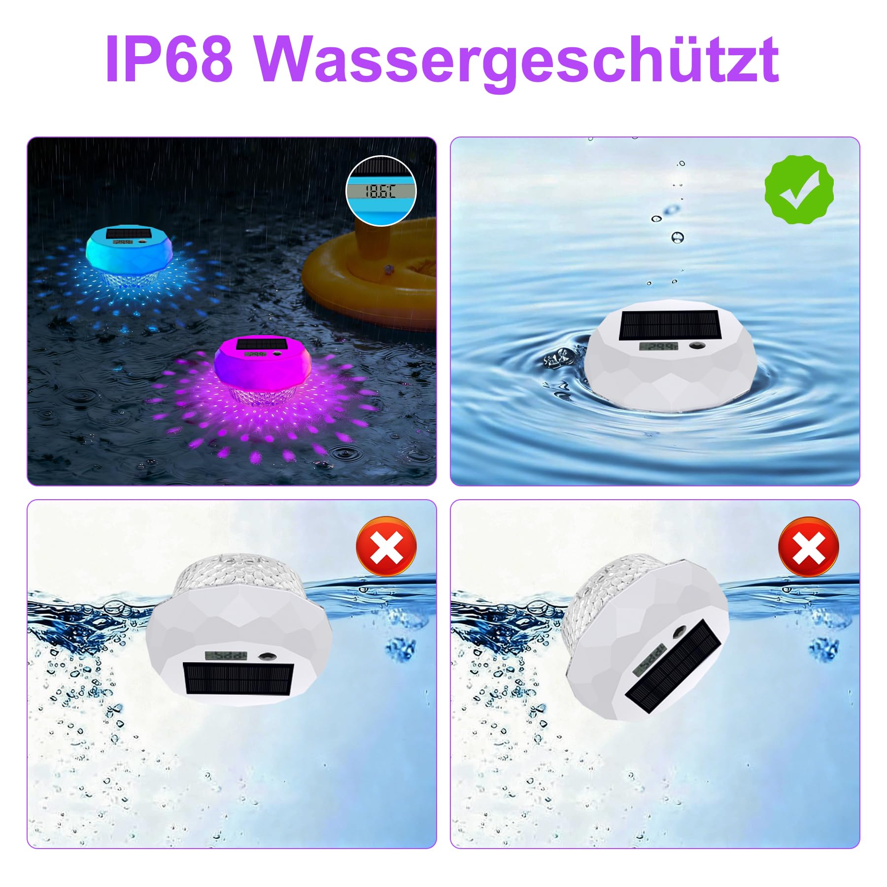 Solar Pool Thermometer Digital – Schwimmendes Thermometer mit LED-Bildschirm & Timerfunktion, 8 dynamische Lichteffekte, IP68 wasserdicht, solarbetrieben, für Pool & Teich