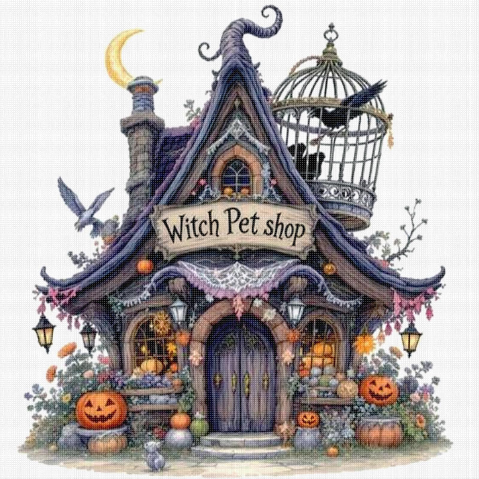 Witch Pet House 14Ct Stamped Cross Stitch Kits For Adults Beginners Halloween Cabin Full