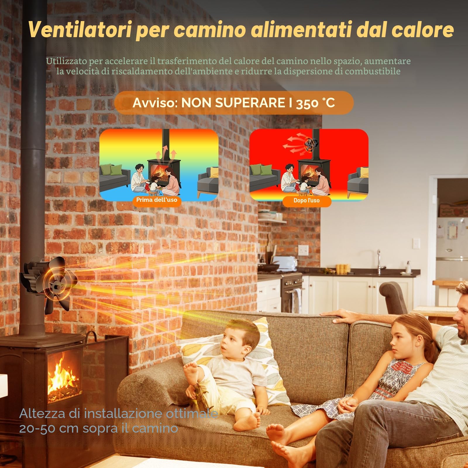 Ventola per Stufa a Legna, ventilatore magnetico a 5 pale, a risparmio energetico e silenzioso, Adatto per stufe a legna, caminetti e canne fumarie