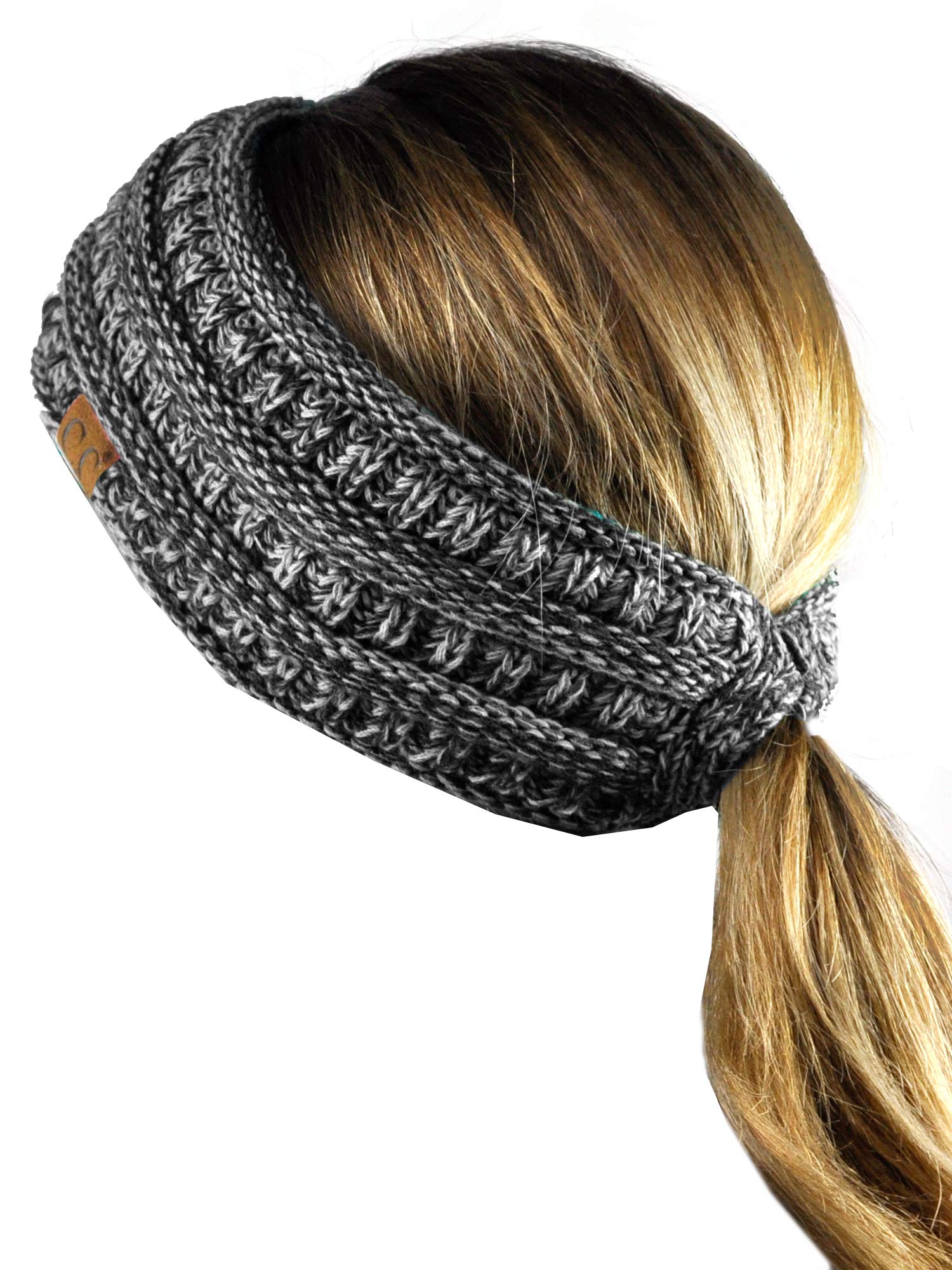 C.C Cable Knit Fuzzy Lined Ear Warmer Ponytail Pony Headband, 3 Tone Gray