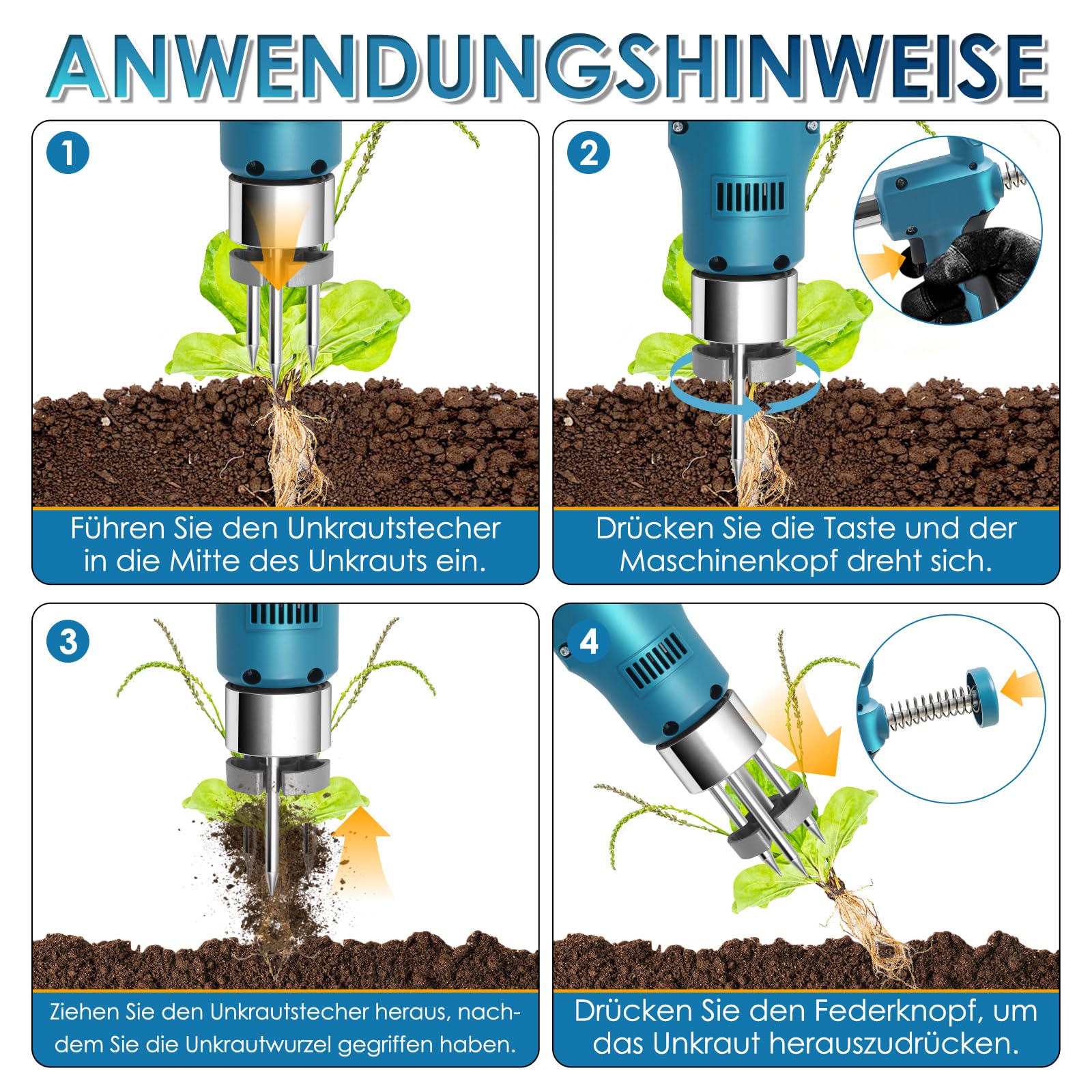 Elektrischer Unkrautstecher für Makita 18V, 100cm Unkrautstecher Löwenzahn mit 3 Stahlkrallen Auswurf-Mechanismus, Unkraut entferner Gerät mit langem Stiel für Garten und Rasen(ohne Akku)