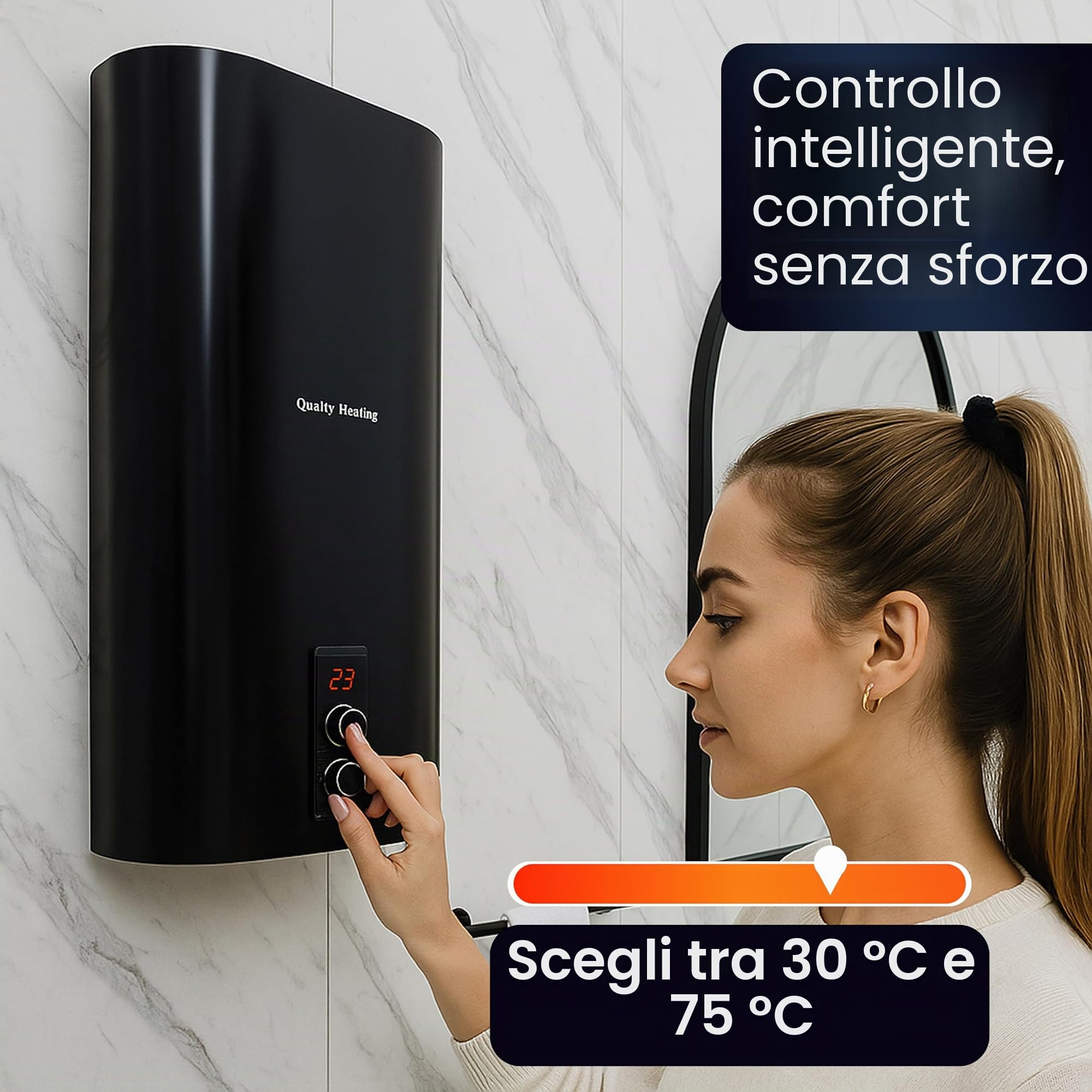 scaldabagno elettrico 30 L, 1500 W, controllo digitale, valvola di sicurezza inclusa, installazione a parete, efficiente, boiler elettrico bianco