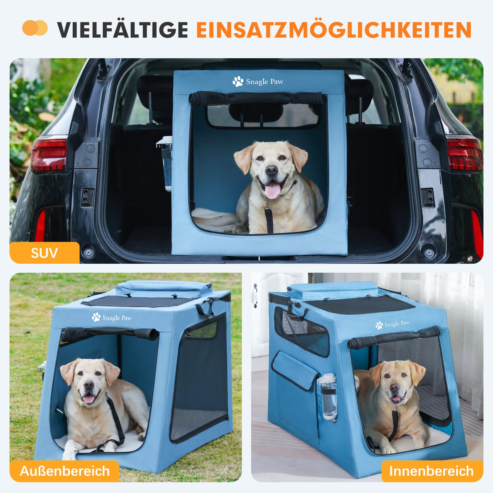 Snagle Paw Große Hundetransportbox für Autoreisen,Zusammenklappbare Transportbox mit Metallrahmen & 3-Maschigen Türen,Hundebox für Kofferraum/Rücksitz,Stabil Kennelbox mit Großer Aufbewahrungstasche