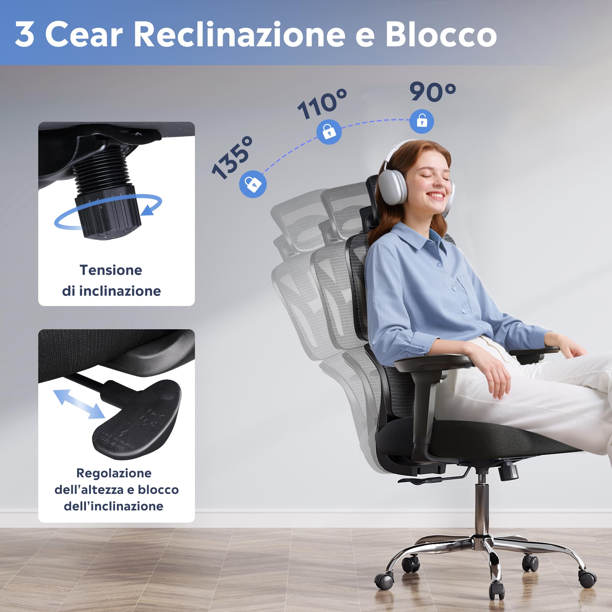 DEVAISE Sedia da Ufficio Ergonomica con Schienale Segmentato, Poggiatesta 3D Regolabile, Schienale Reclinabile a 3 Posizioni, Braccioli 3D, Rete Traspirante, Portata Massima 180kg, Nero