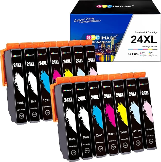 GPC Image Compatible Ink Cartridges Replacement for Epson 24XL 24 for Expression Photo XP-55 XP-950 XP-860 XP-960 XP-750 XP-760 XP-850 (Black Cyan Magenta Yellow LC LM, 14-Pack)