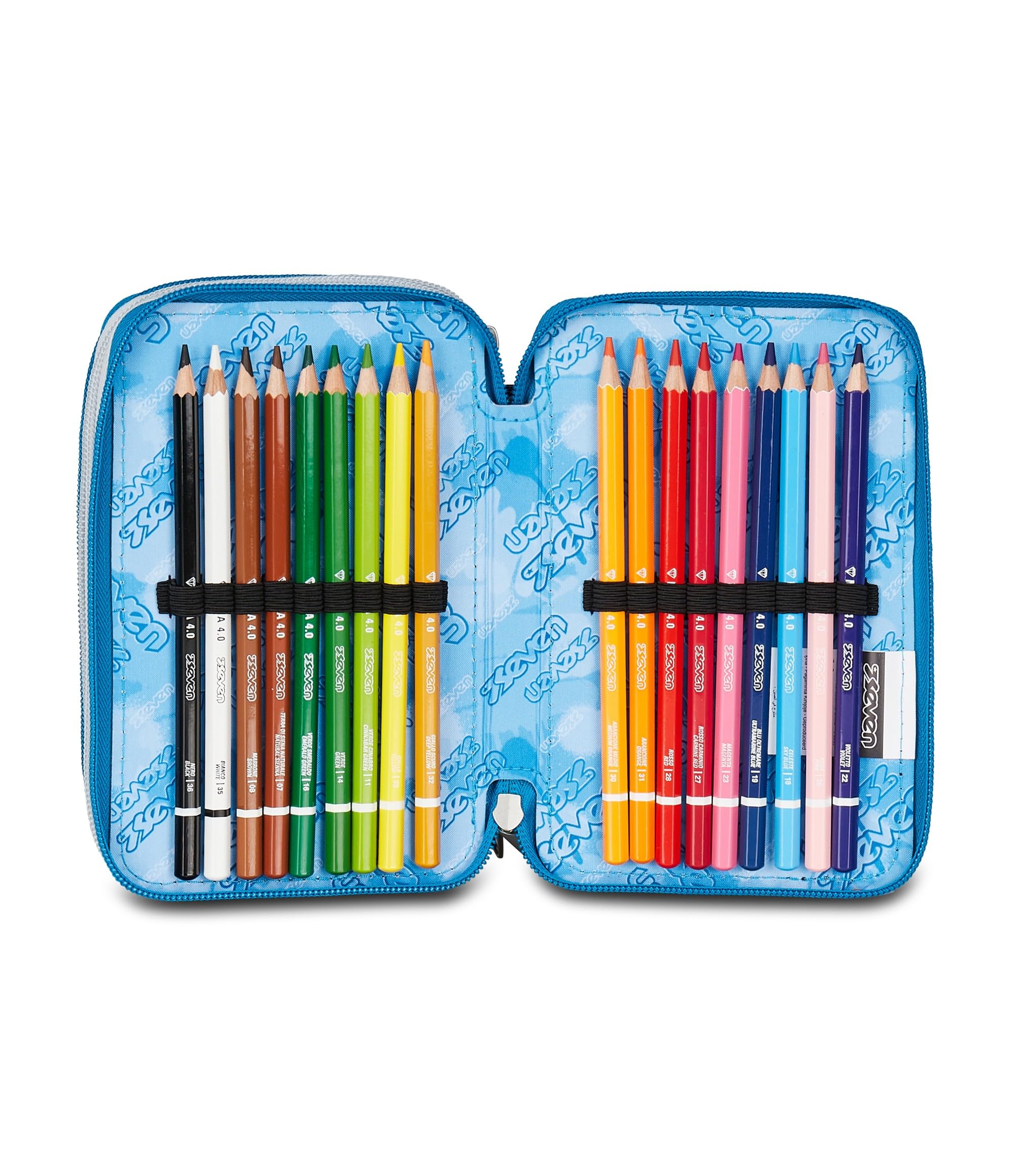 Seven Astuccio Scuola 3 Zip Portapenne Triplo Scomparto Grigio Azzurro