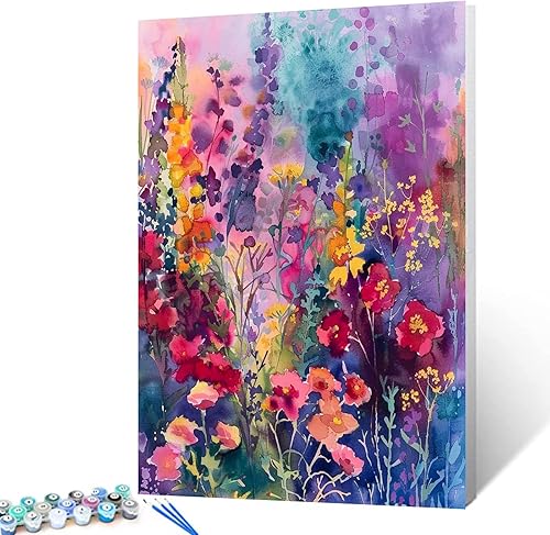 Coloridas flores arbustos DIY pintura por números para adultos principiantes, fácil de pintar, varios tipos de flores, pintar por números en lienzo