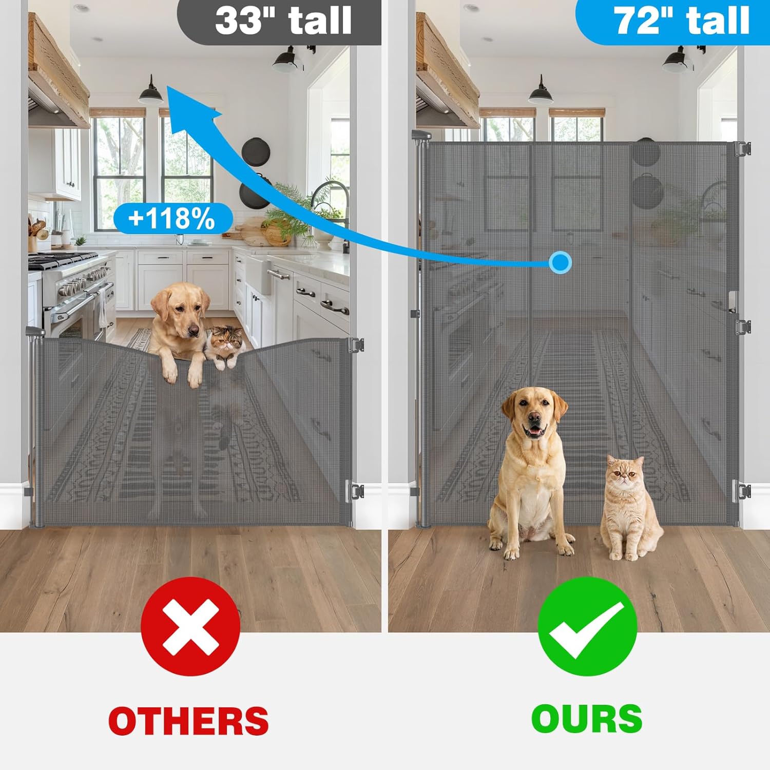 Reinforced 72" Extra Tall Baby Gate for Doorway, Jump-Resistant & Prevent Crawling Underneath Retractable Dog Gate Indoor, Fits 0-55" Width Retractable Cat Gate, No Bottom Bar Safety Mesh Pet Gate