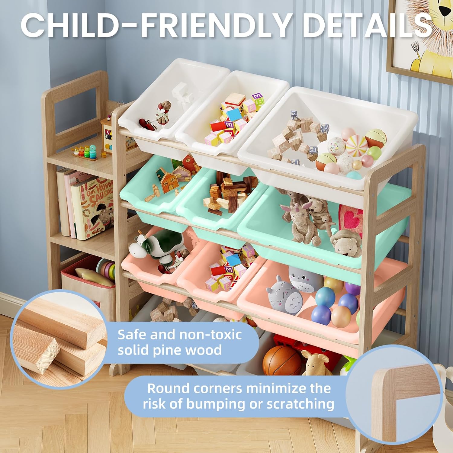 Toy Storage Organizer - Toy Organizers and Storage with Bookshelf, Toy Storage Shelf with 3 Shelves and 12 Storage Bins, Kids Bookshelf and Toy Storage for Kids Room, Playroom, Nursery, Multi color