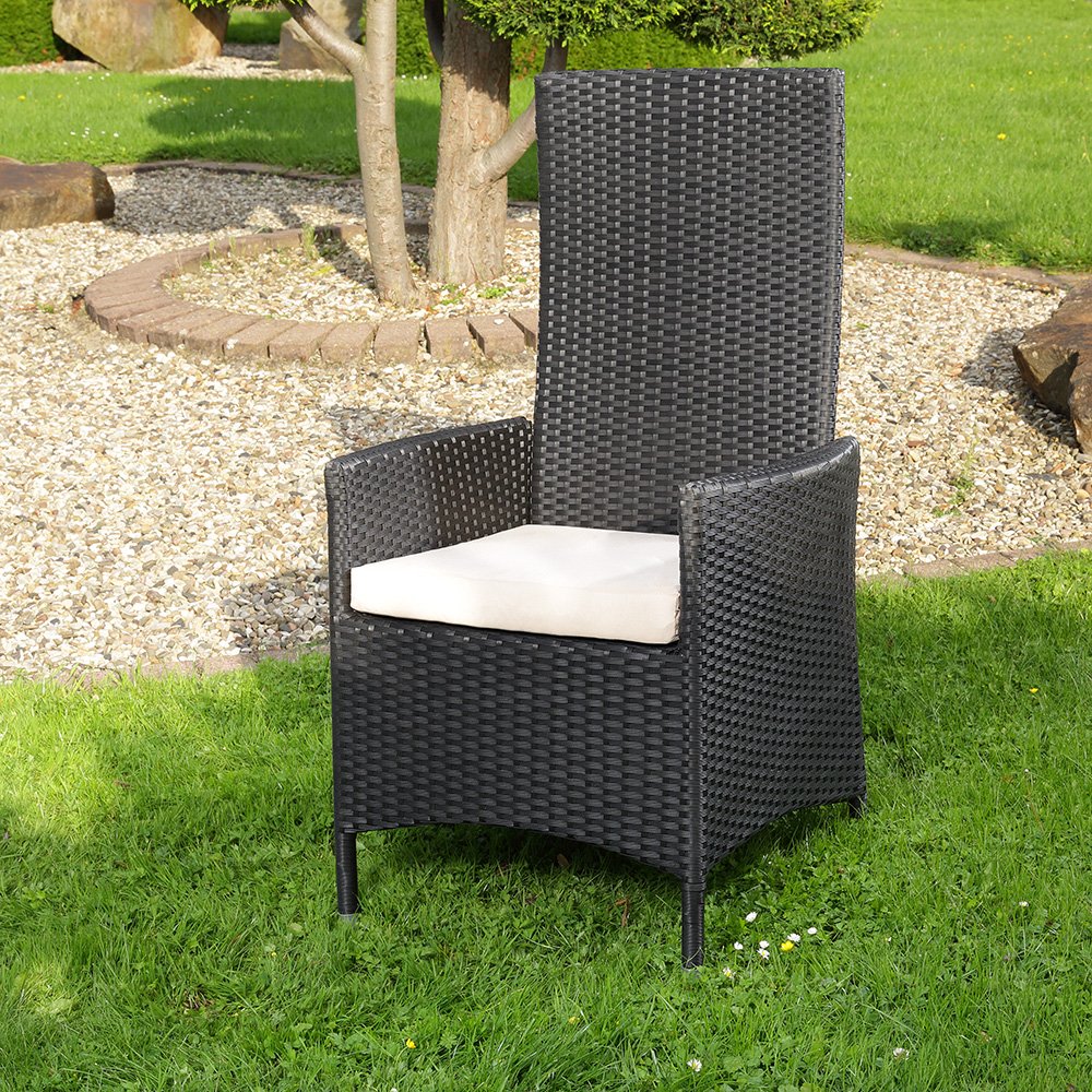 Melko Fotel relaksacyjny z polirattanu fotel ogrodowy, ok. 62 x 57 x 111 cm, regulowany, odporny na warunki atmosferyczne, w zestawie poduszka do siedzenia, czarny