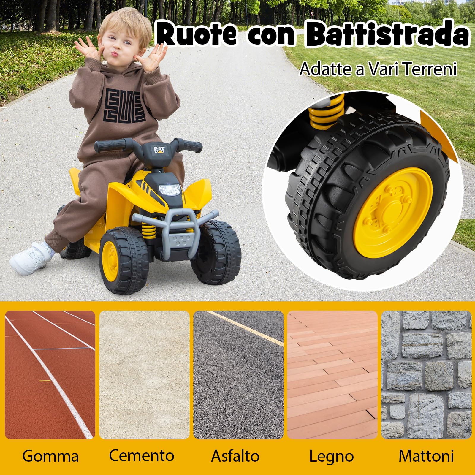 RELAX4LIFE Quad Elettrico per Bambini con Licenza CAT 6V, a 4 Ruote per Bambini Alimentato a Batteria con Fari LED, Effetto Sonoro di Avviamento, Clacson, Guida,da 18 a 36 Mesi