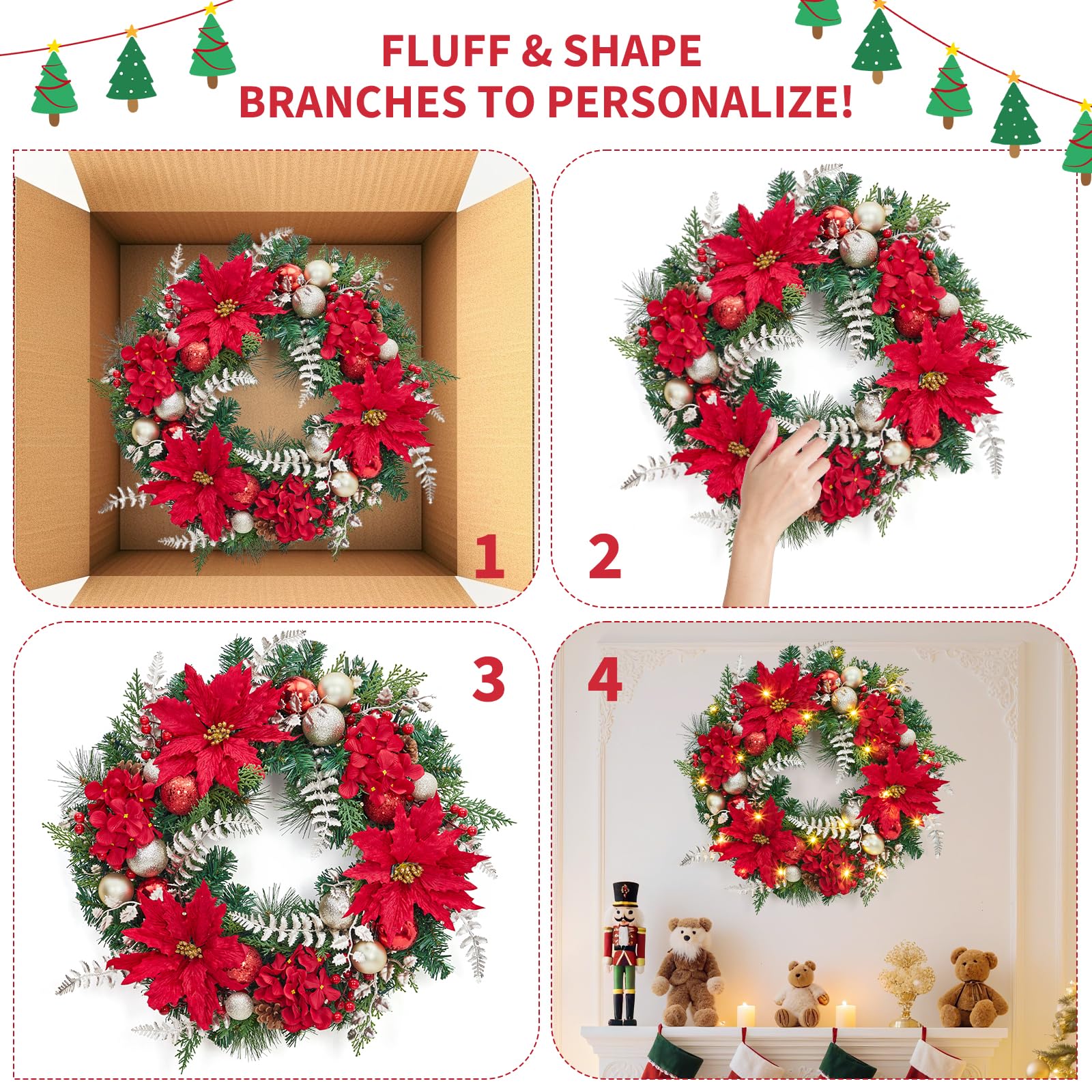 Corona de Navidad preiluminada para puerta delantera, corona de Navidad grande de 24 pulgadas para decoración navideña, corona iluminada de Navidad a pilas con flor, adornos de bola y 20