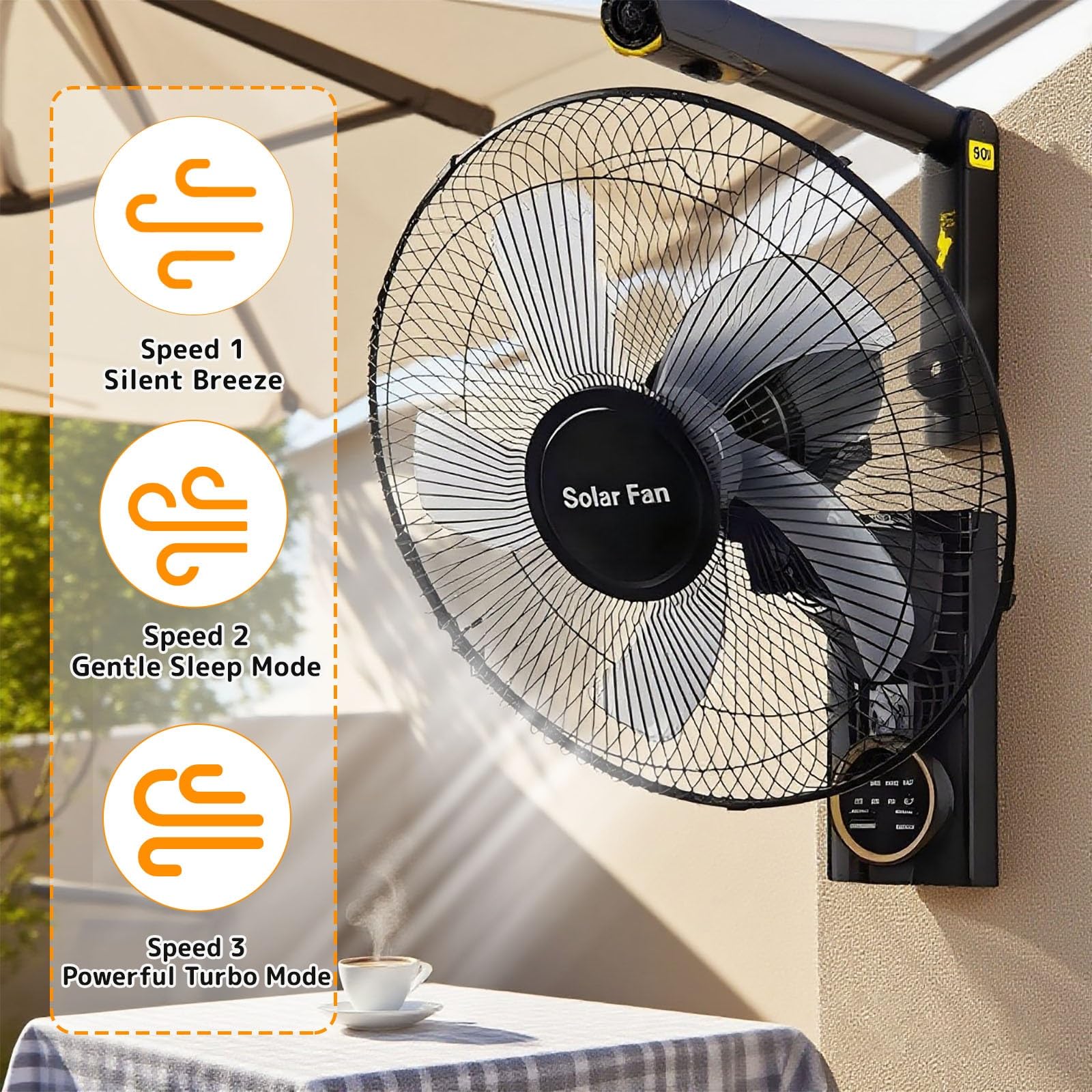 Ventilateur Solaire Mural Silencieux Télécommande, 3 Vitesses Oscillant Avec Minuterie, Inclinaison Réglable, Intérieur Extérieur, Panneau Solaire Ou Prise