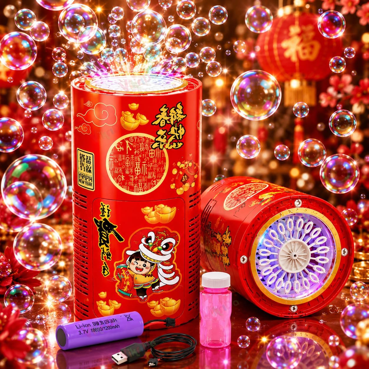 VikriDA Fireworks Bubble Maker Machine with Light & Music - 1 Bubble Solution Bottle - for Indoor Outdoor Birthday Party Celebration.