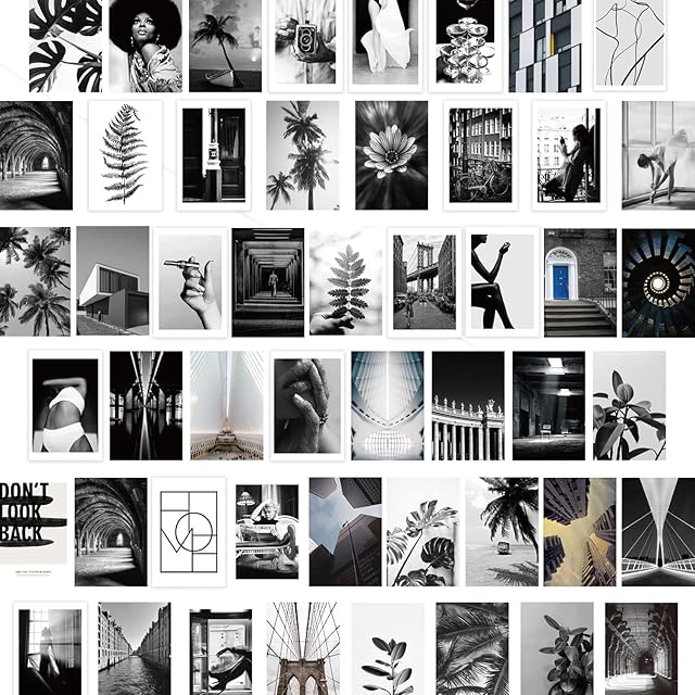 Wall Art Collage Kit 50 pcs Aesthetic Picture Indie Room Decor Wall Art Print Kit Black and White Art Posters for Dorm Wall Decor VSCO Girls Boys, 4x6 inch