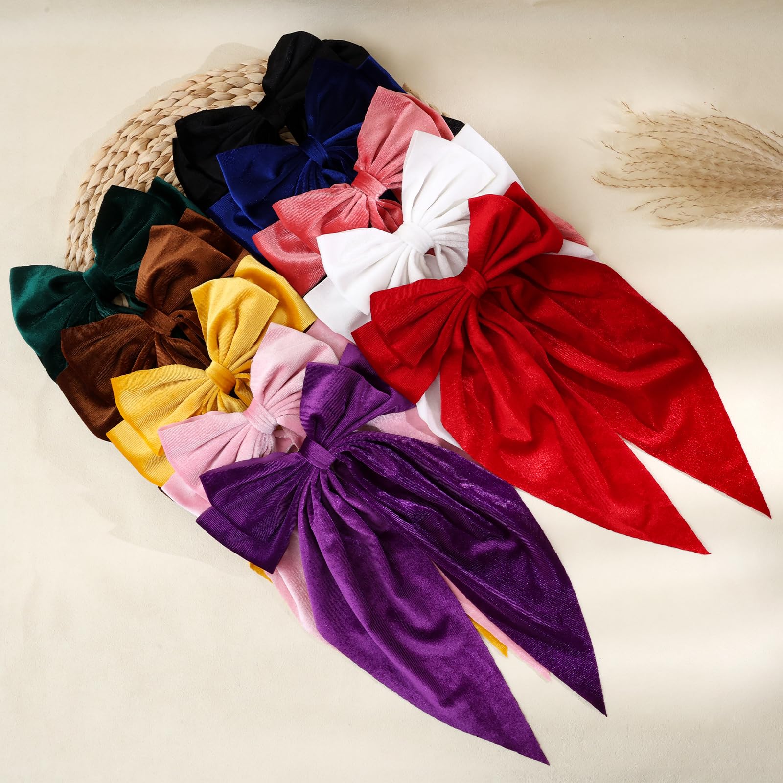 10 grandi fiocchi per capelli per donne e ragazze, in velluto, per ragazze, fiocchi per capelli con coda lunga, accessori per capelli francesi vintage per donne