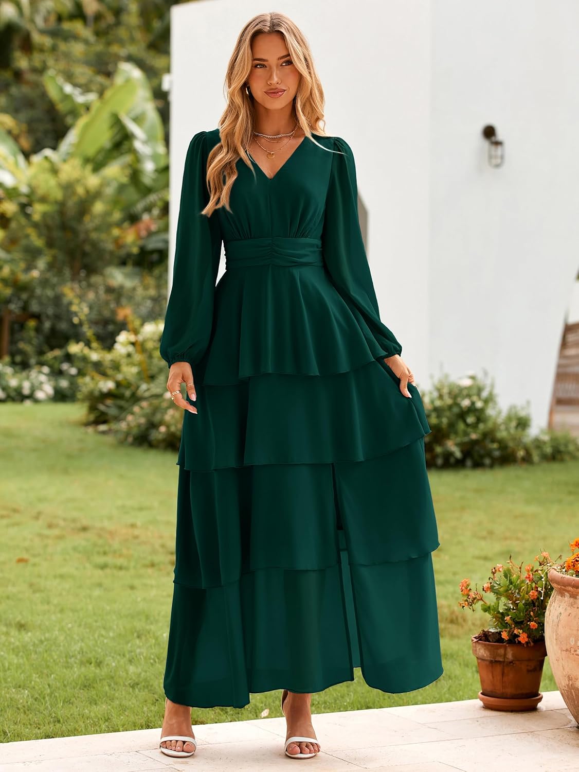 BerryGo Womens Flowy Maxi Dress Chiffon Long Sleeve Slit V Neck Casual Ruffle Tiered Boho Fall Wedding Guest Long Dress - Image 3