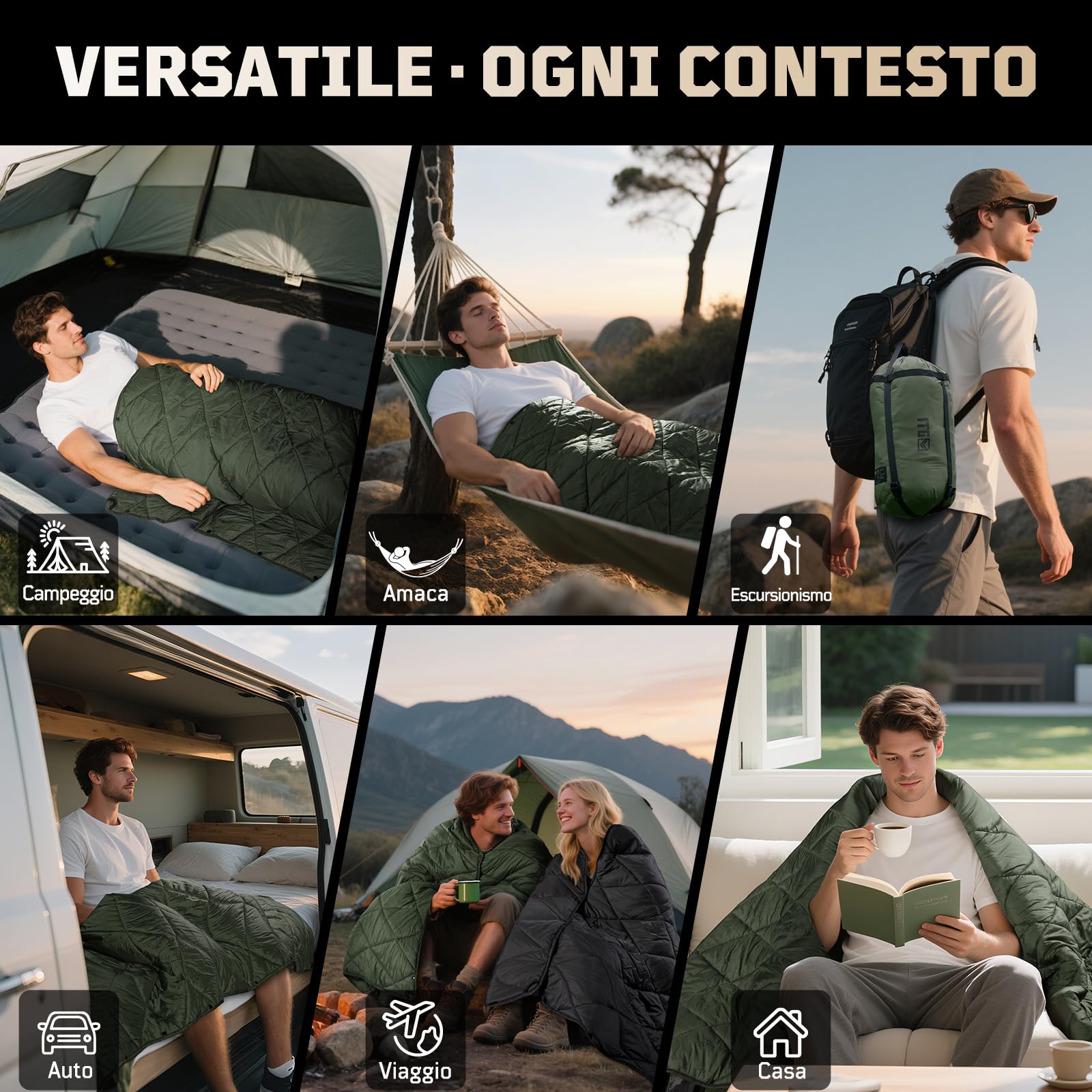 1TG Tactical Coperta da Campeggio 4-in-1 Ultraleggera 0.96kg/1.22kg | Impermeabile, Termica e Compatta | Per Trekking, Auto, Emergenza | Trasformabile in Sacco a Pelo e Poncho