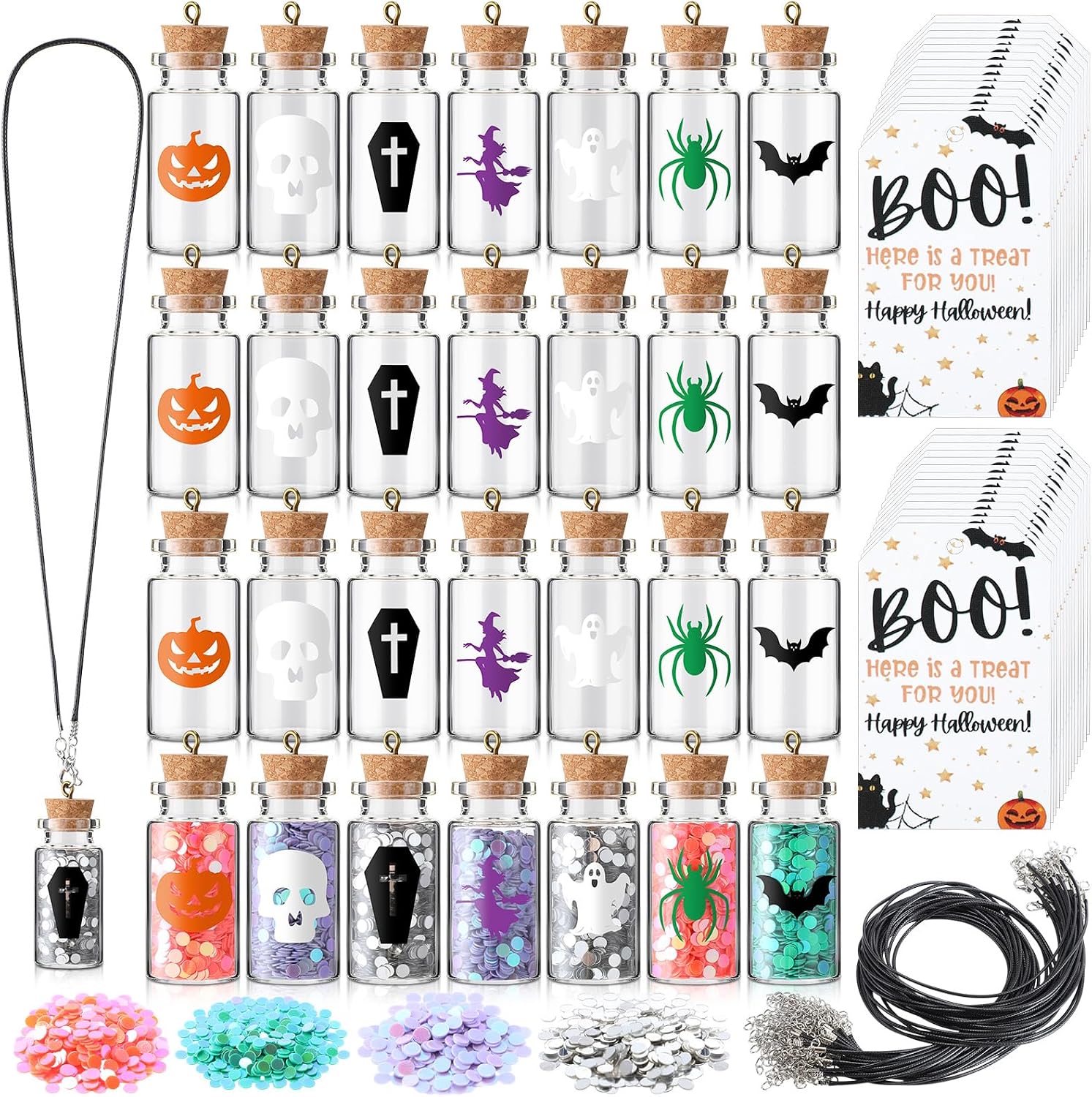 88 Pcs Halloween Potion Bottles Necklaces DIY Making Kit Set Including 28 Glass Mini Bottles with Cork 28 Boo Gift Cards 4 Color Iridescent Sequins 28 Black Waxed Cords Spell Jars for Party Decor