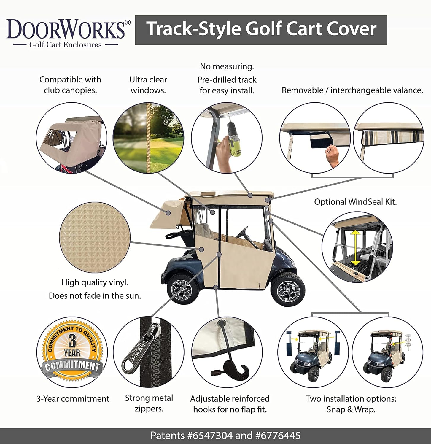 Golf Cart Cover – 3-Sided Track Style Sunbrella Canvas Cart Cover for 1994-2013 EZGO TXT – Golf Bags, Utility Box or Rear Facing Seat
