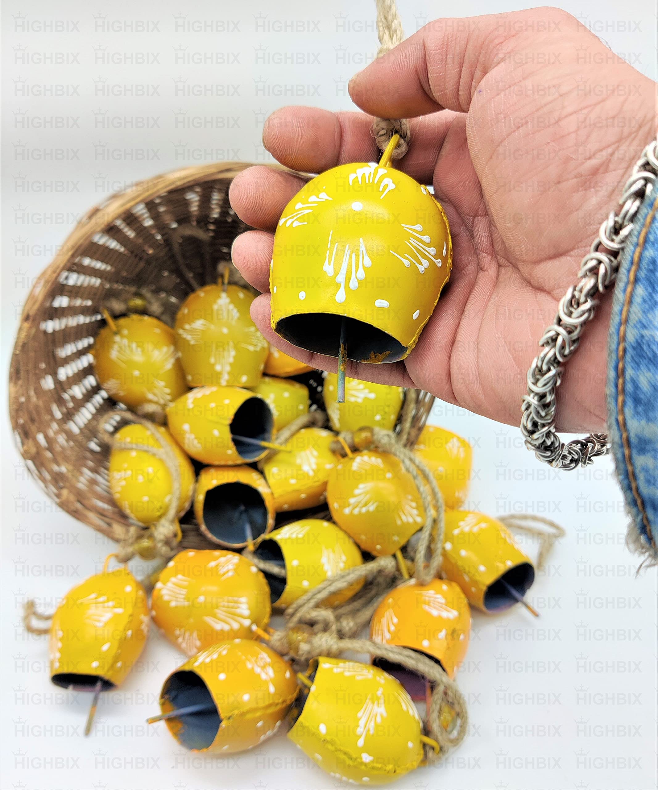 HIGHBIX 7cm Hand Painted Festive Décor Hanging Bells Set of 10 with Jute Bag Hand Painted (Yellow, 7cm) - Image 2 thumbnail