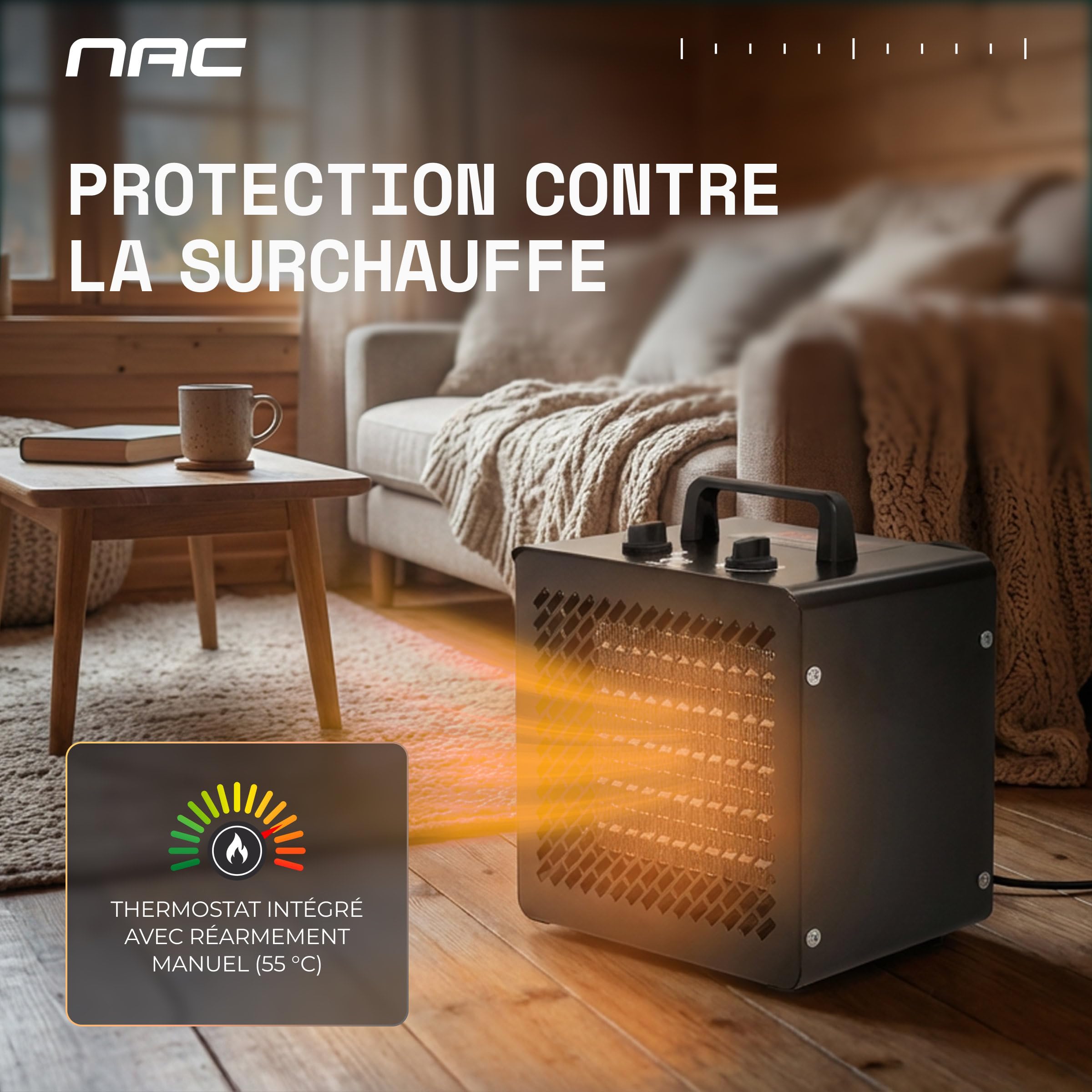 NAC Chauffage Soufflant Electrique 3000W - Radiateur Electrique Mobile avec Thermostat & 3 Niveaux de Chaleur – Chauffage Industriel Céramique pour Garage Atelier Chantier Serre - Canon Air Chaud