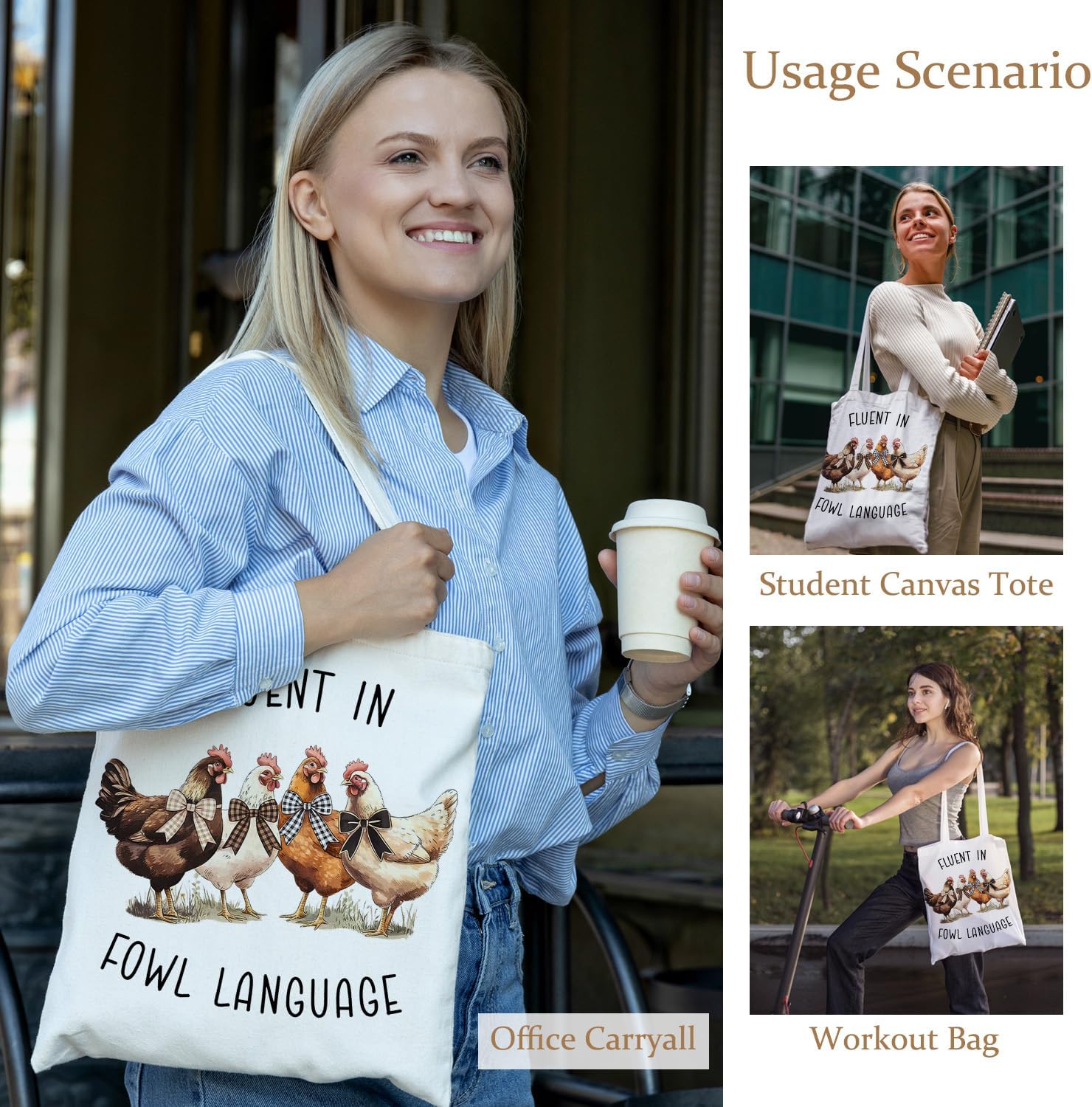 Funny Chicken Tote Bag, Fluent in Fowl Language Canvas Tote Bags for Women, Chicken Lover Mom Lady Gifts, Coquette Bow Chickens Reusable Grocery Shopping Bags - Image 2