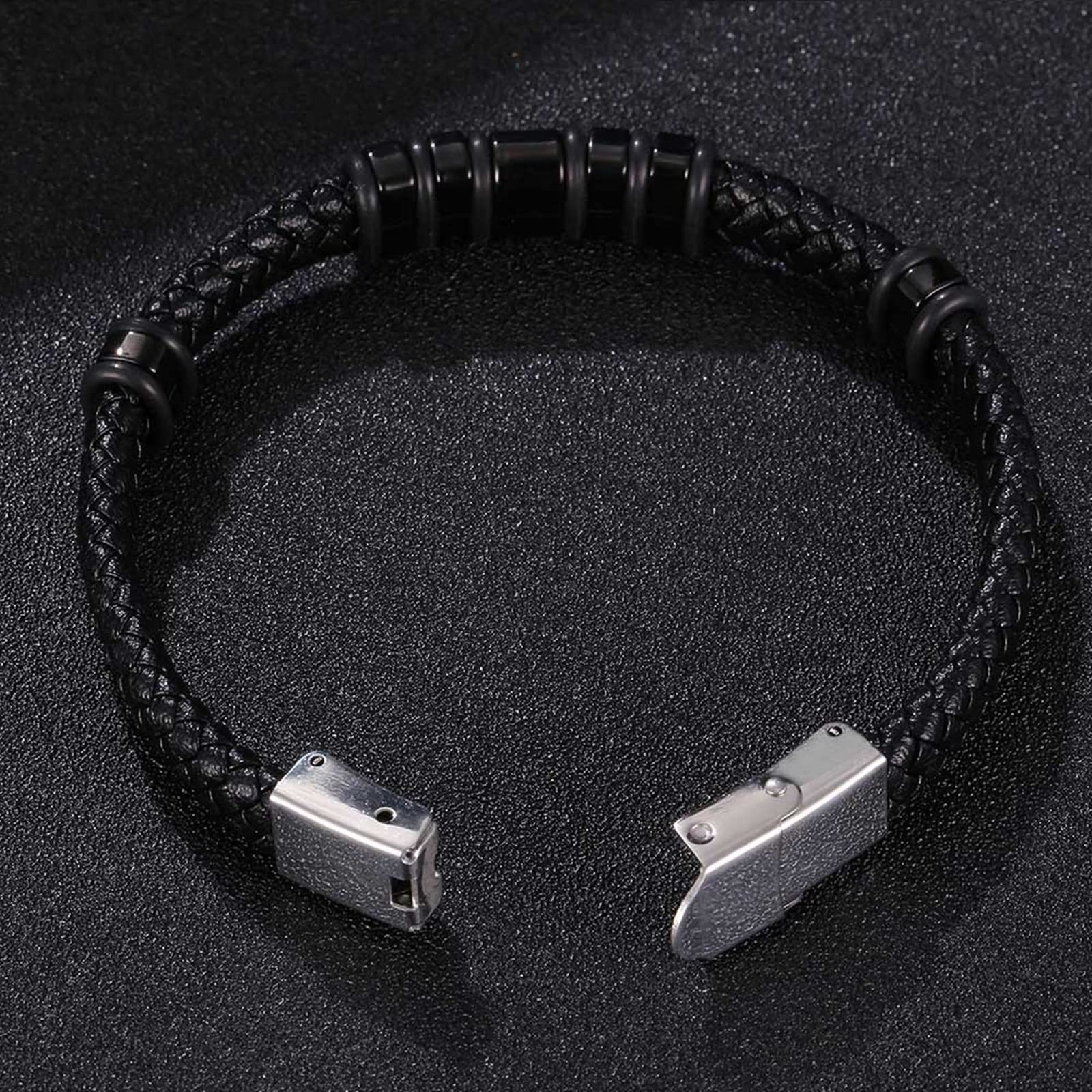 Edelstahlarmband, Herrenschmuckarmband, geflochtenes Lederarmband mit silberner Schnalle, 16,5 cm Länge, Punk-Biker-Herrenarmband