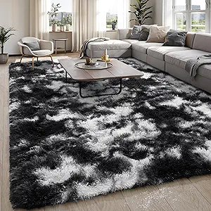 KING DARE Plush 6x9 Area Rugs, Washable Fluffy Shag Rug Non-Slip Soft Carpet for Bedroom Living Room Dorm Playroom Kids Room, Modern Home Decor Aesthetic, Black and White