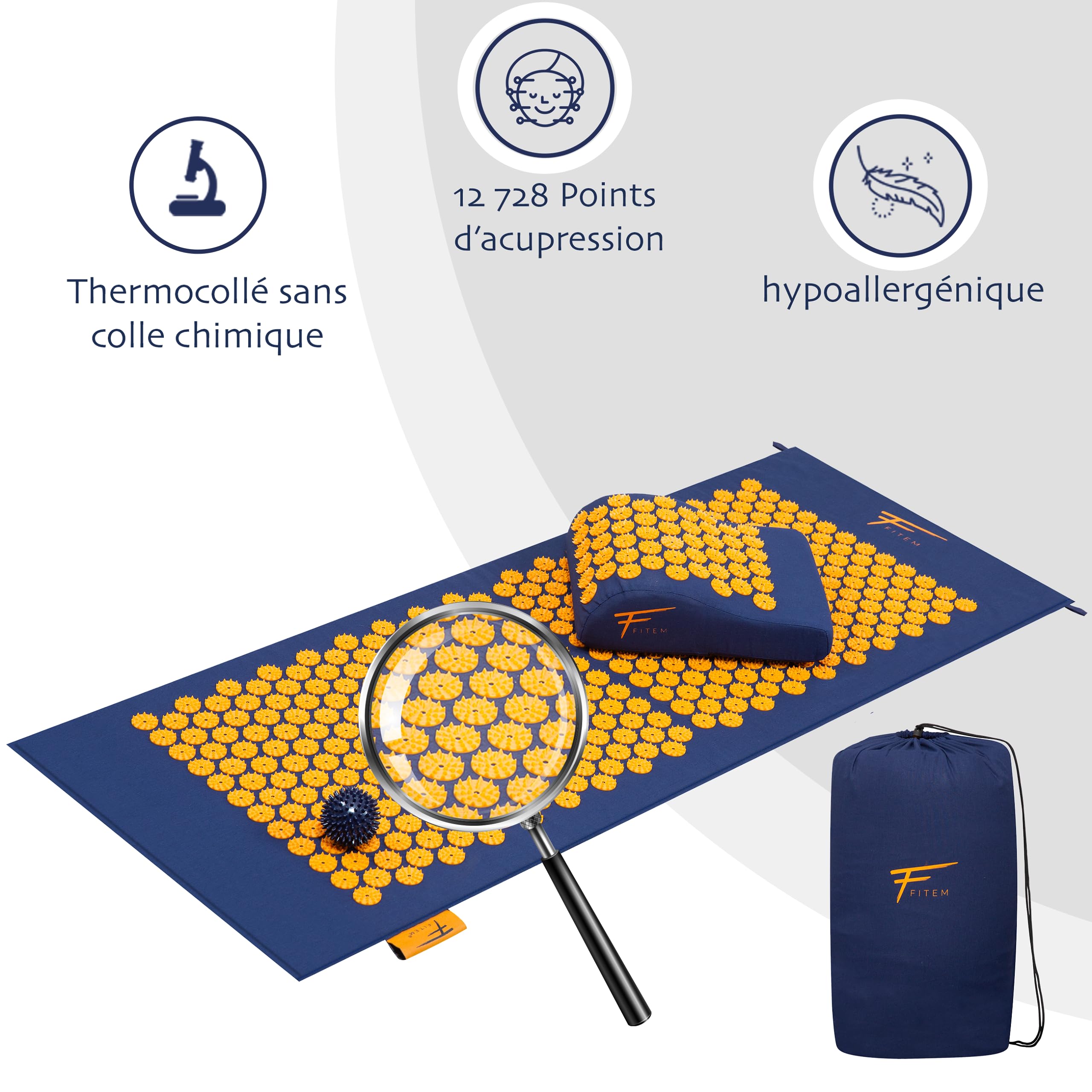 Kit d'acupression XL Fitem - Tapis d'Acupression - Coussin - Boule de Massage - Soulage douleurs Dos et Cou - Sciatique - Massage dos - Relaxation Musculaire - anti stress. (Bleu-Orange)