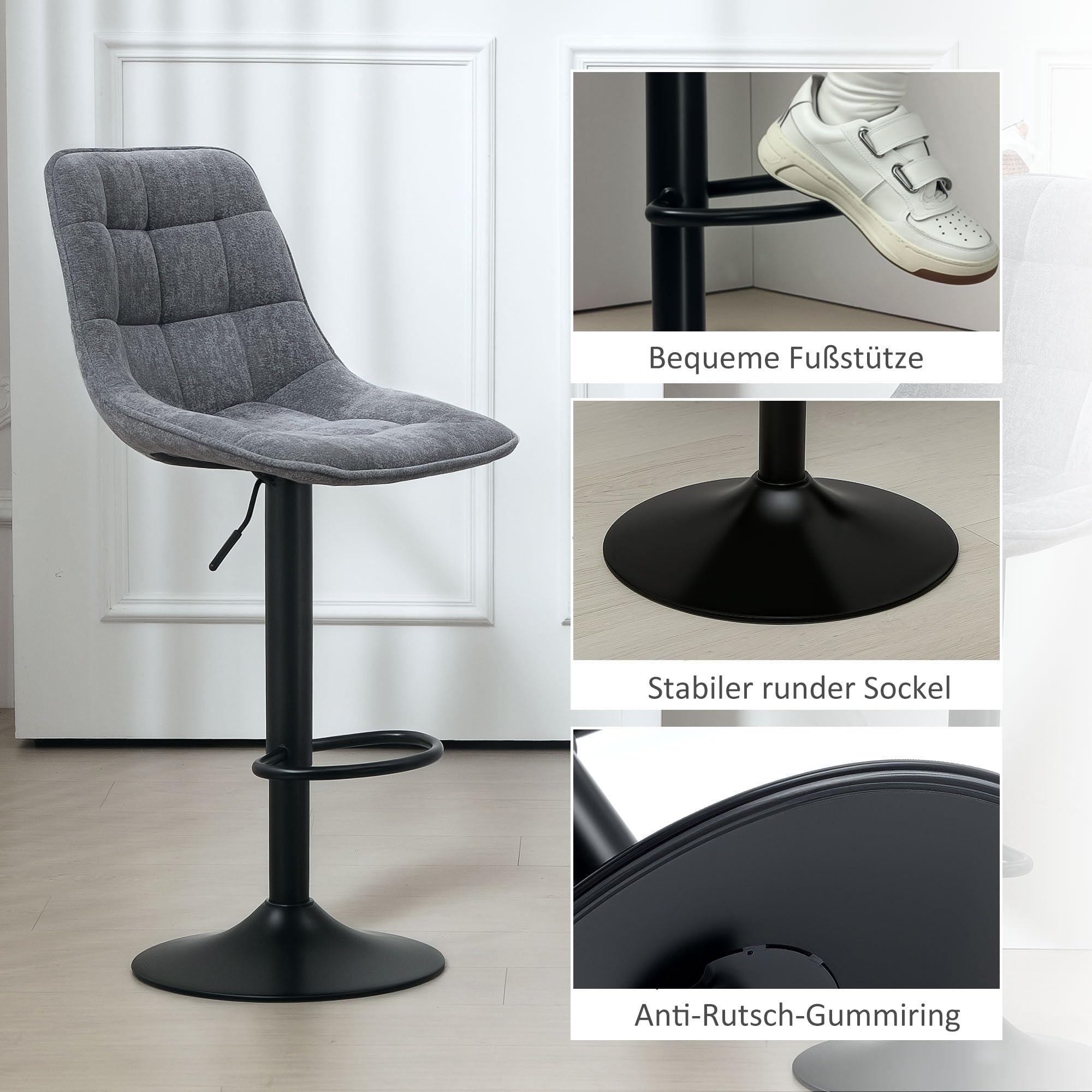 HOMCOM Barhocker 2er-Set, Gepolstert Barstuhl mit Lehne, Stahlgestell, Chenille-Optik, Höhenverstellbare Küchenstühle mit Fußstütze 360° Drehbar Tresenhocker für Küche, Wohnzimmer Dunkelgrau