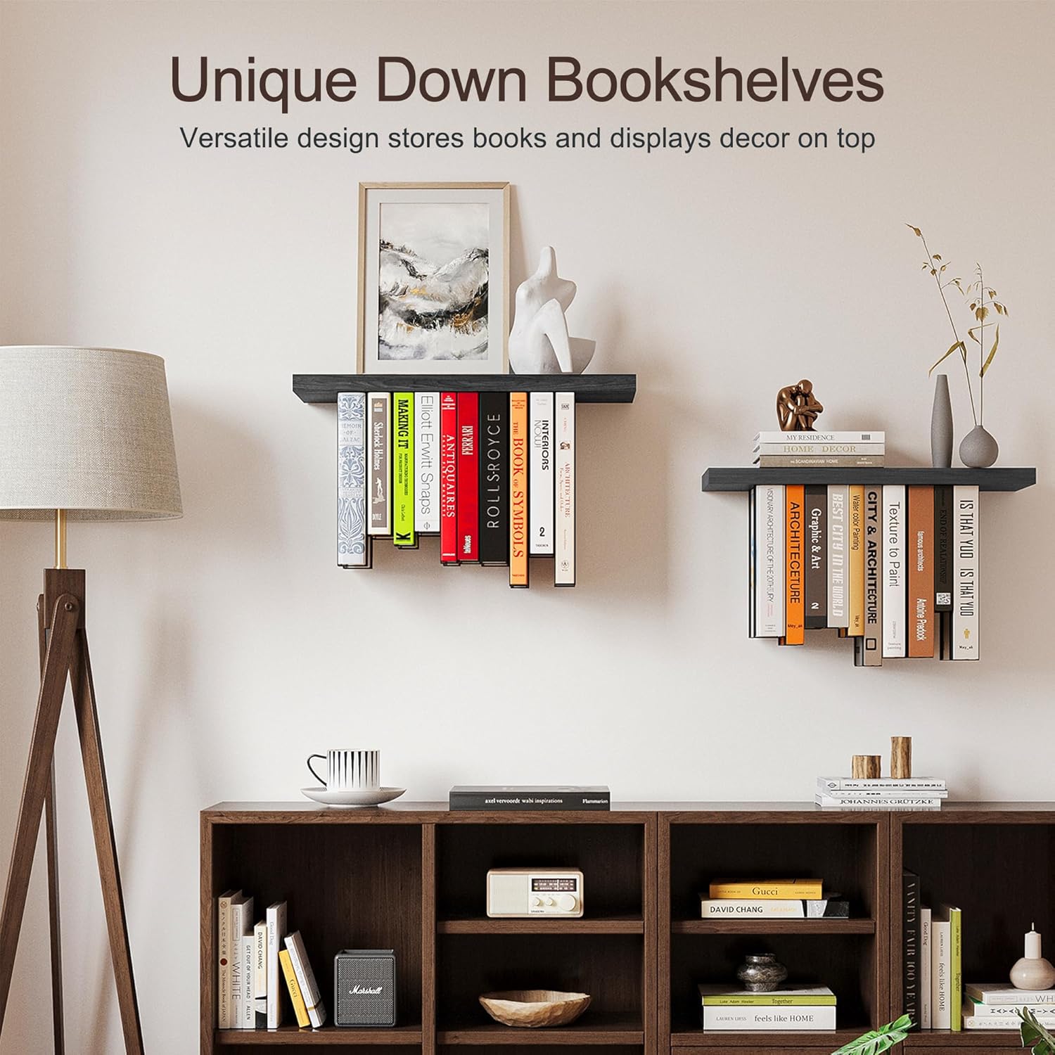 Floating Bookshelves for Wall, Rustic Wood Hanging Wall Bookshelf, Upside Down Book Shelf and Wall Mounted Bookshelves for Home Decor in Bedroom, Living Room, Black 2 Pack