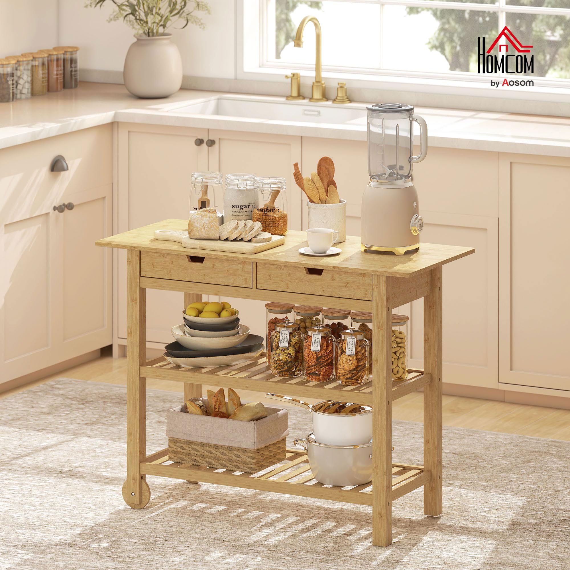 HOMCOM Carrello Cucina in Bambù con 2 Rotelle e 2 Gambe, Carrello Cucina Salvaspazio con 2 Ripiani a Doghe e 2 Cassetti, Carrellino Portaoggetti Multiuso per Soggiorno, 100x43x75 cm, Color Legno