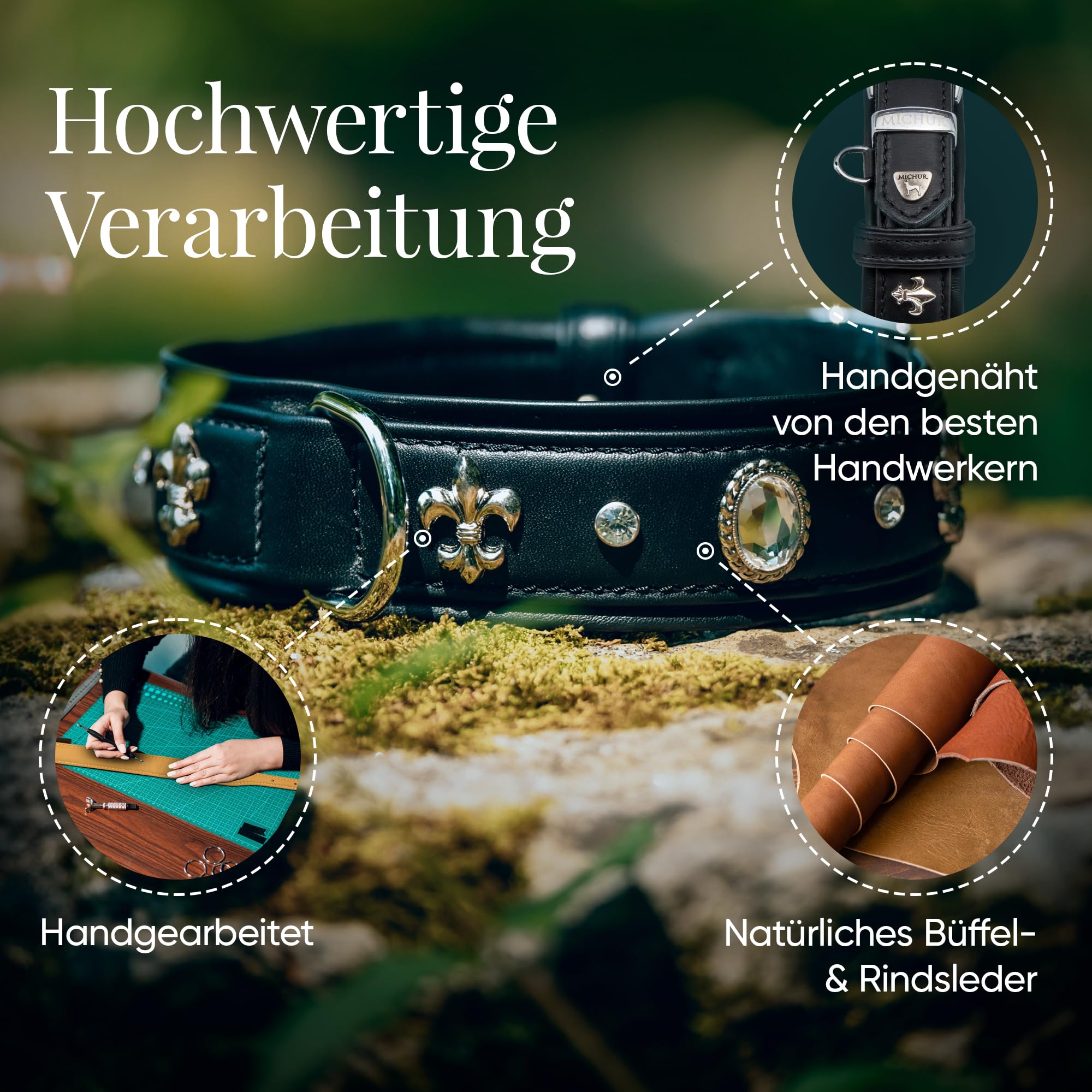 MICHUR Gala Hundehalsband Leder, Lederhalsband Hund, Halsband, Schwarz, Leder, mit Lilien,Strasssteinen und großem Kristall, in verschiedenen Größen erhältlich