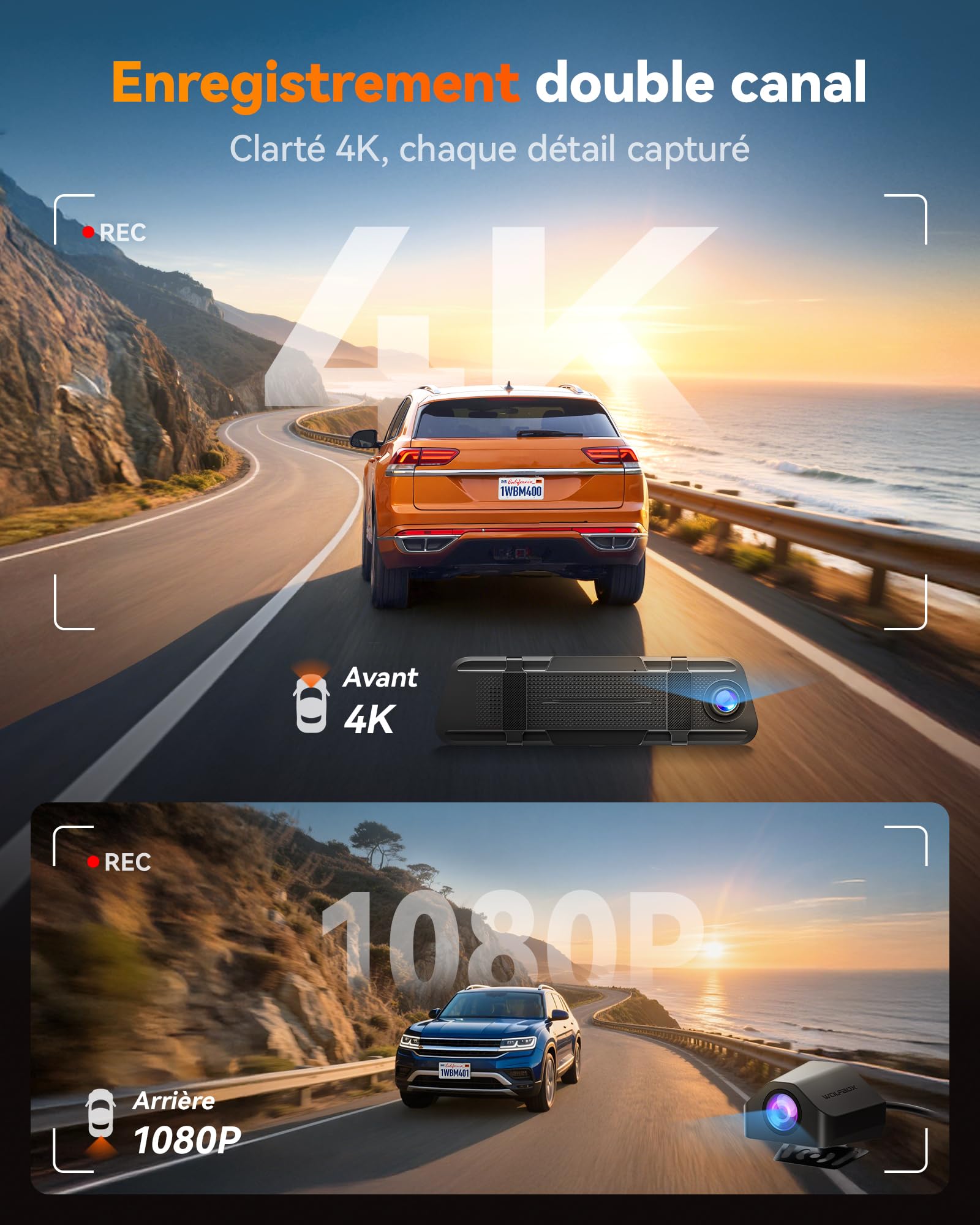 WOLFBOX M40 Rétroviseur de caméra arrière 10" 4K + 1080P pour caméra embarquée avant et arrière avec caméra ADAS/BSD, contrôle vocal, Wi-Fi intégré, carte 64 Go et GPS
