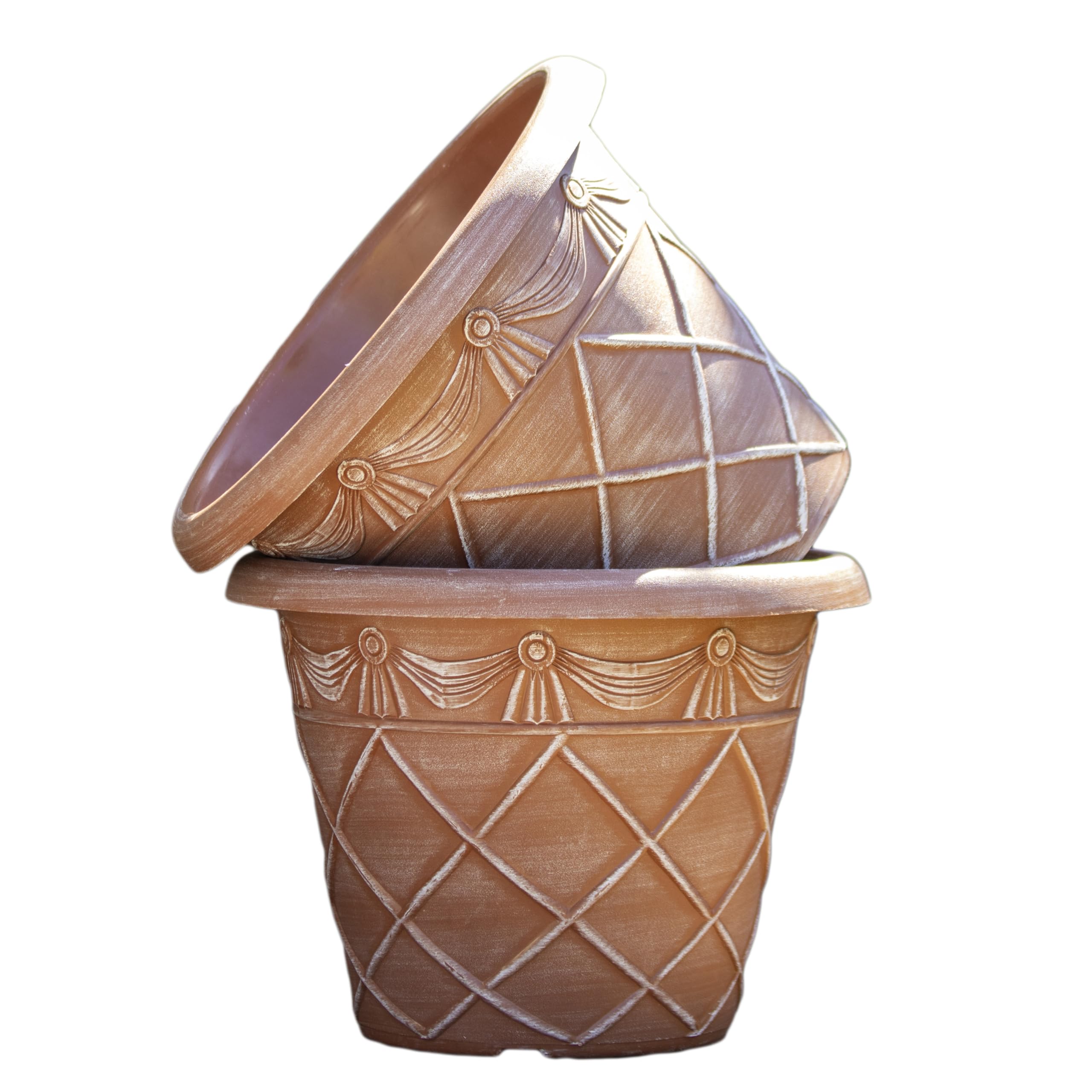 Darthome Round Terracotta-Coloured Roman Planter, Plastic, Tuscany-Inspired Pattern, Outdoor Garden Pot, Brown, with Drainage Holes (2, Medium 35cm)