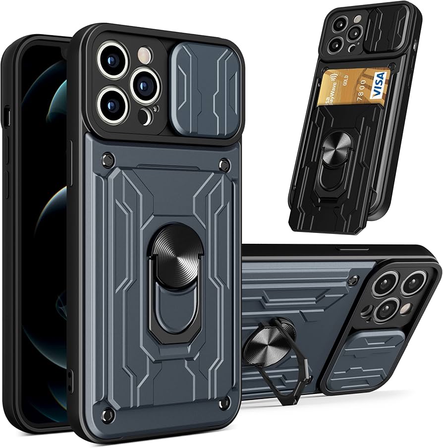 iPhone 14 Proケース スライドカメラカバー、カードホルダー リング 磁気キックスタンド ミリタリー ヘビーデューティー 耐衝撃ケース  ハイブリッド保護カバー iPhone 14 Pro用(グリーン)