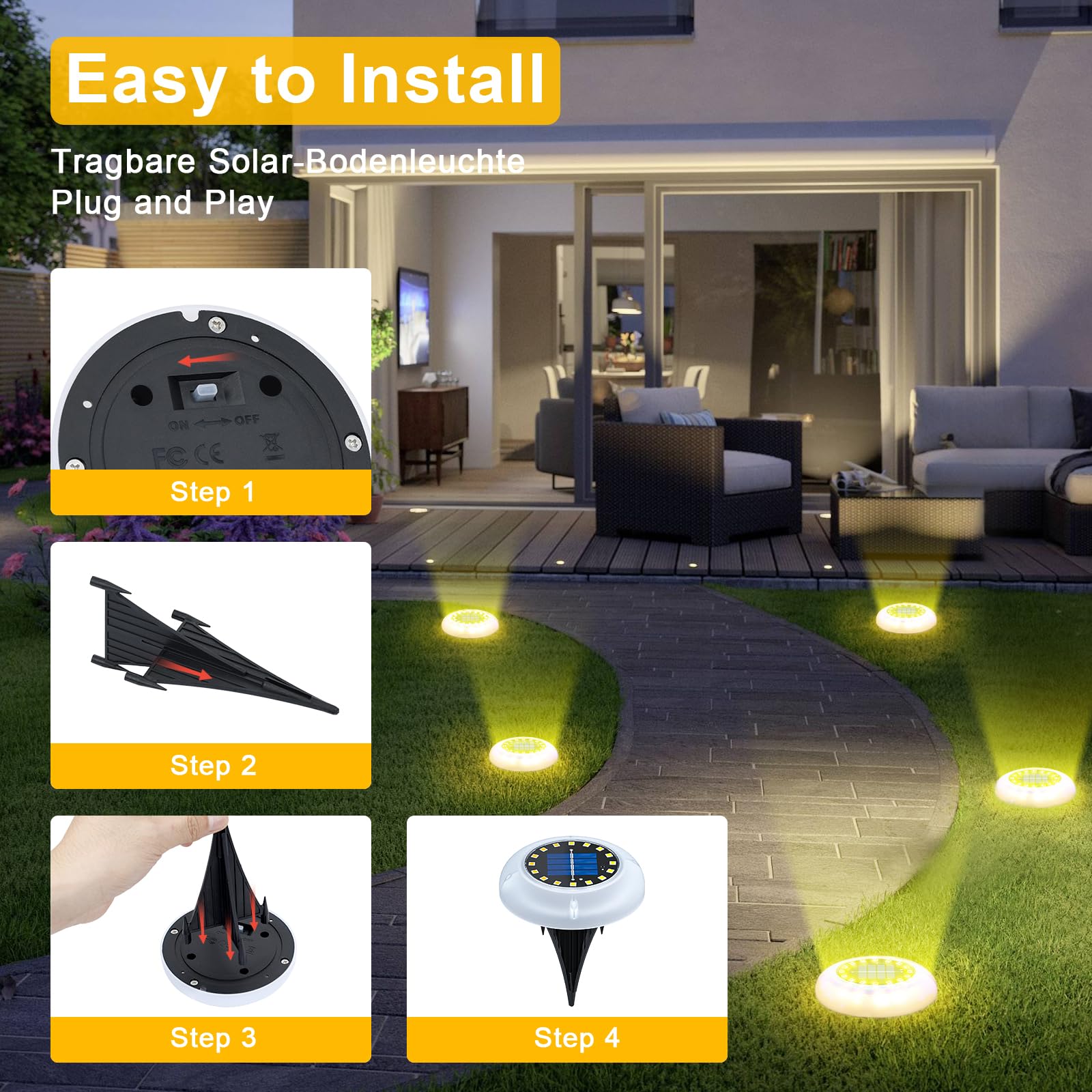 GIACOMO 4 Pezzi Luci Solari Giardino Esterno, 30 LEDs Lampade Solare Esterno Incasso Faretti Terra, Bianco Caldo IP65 Impermeabile Solare Luce Sepolta per Prato Vialetto Scala Paesaggio Piscina