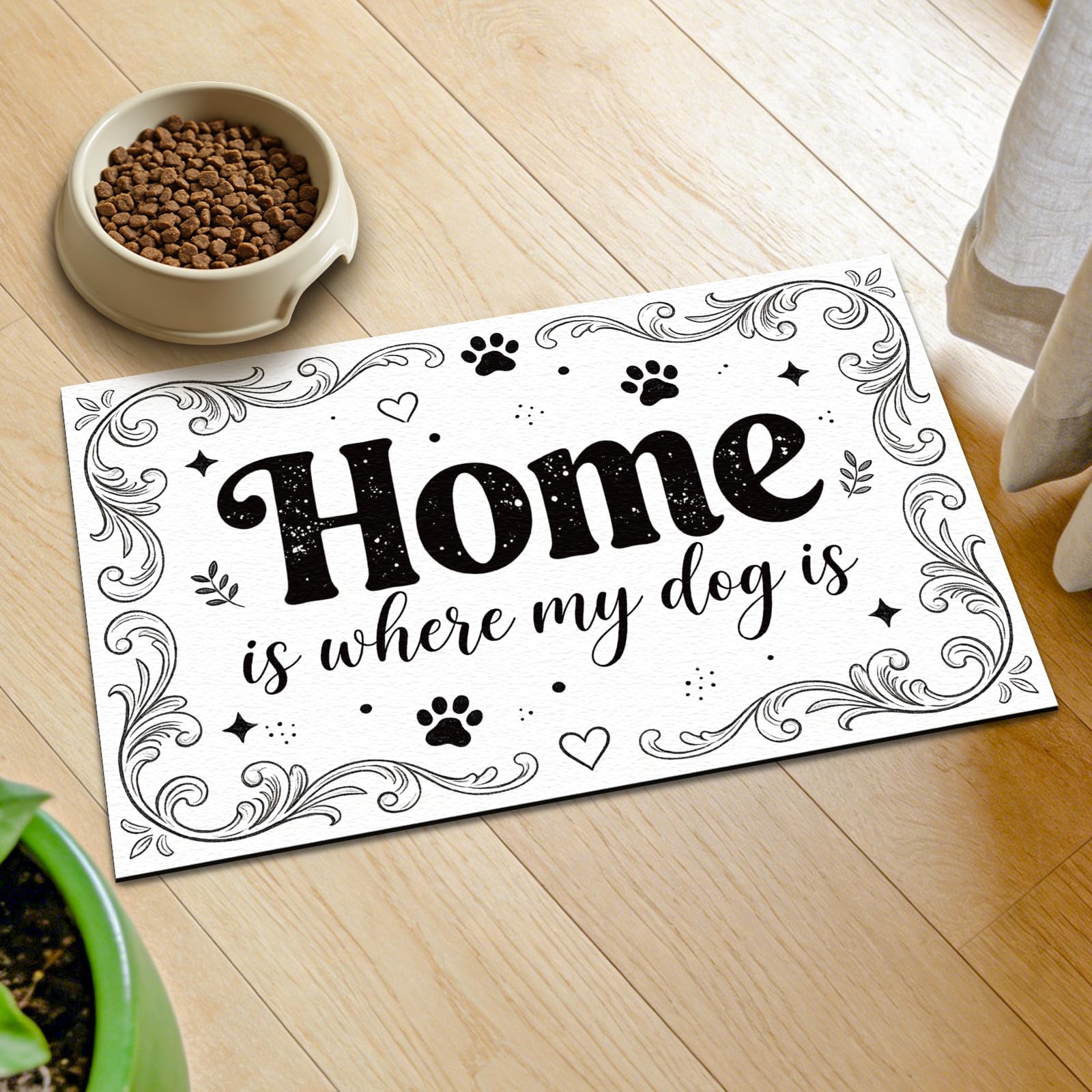 GLOBLELAND Home Prints Pet Food Mat for Floors 11.8×20 inch Home is Where My Dog is Dogs Food Mats Absorbent Dog Bowl Mat Quick Dry Dog Cat Pet Placemats Pets Supplies for Water Dispenser