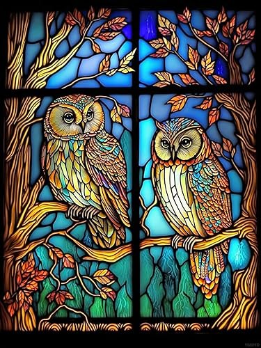 YEEIFFD Kits de pintura de diamantes de búho de vidrieras, arte de diamantes para adultos, pintura de gema 5D, búho con diamante por número,