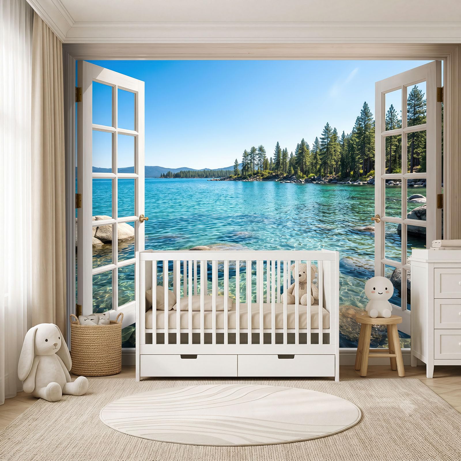 Naturlandschaft Fototapete Vliestapete, 400 x 280 cm Tapete Panorama, See Felsen Wald Kiefern Fenster Tapeten Wanddeko für Wohnzimmer Schlafzimmer Flur, Blau Nicht Selbstklebend Wandtapete