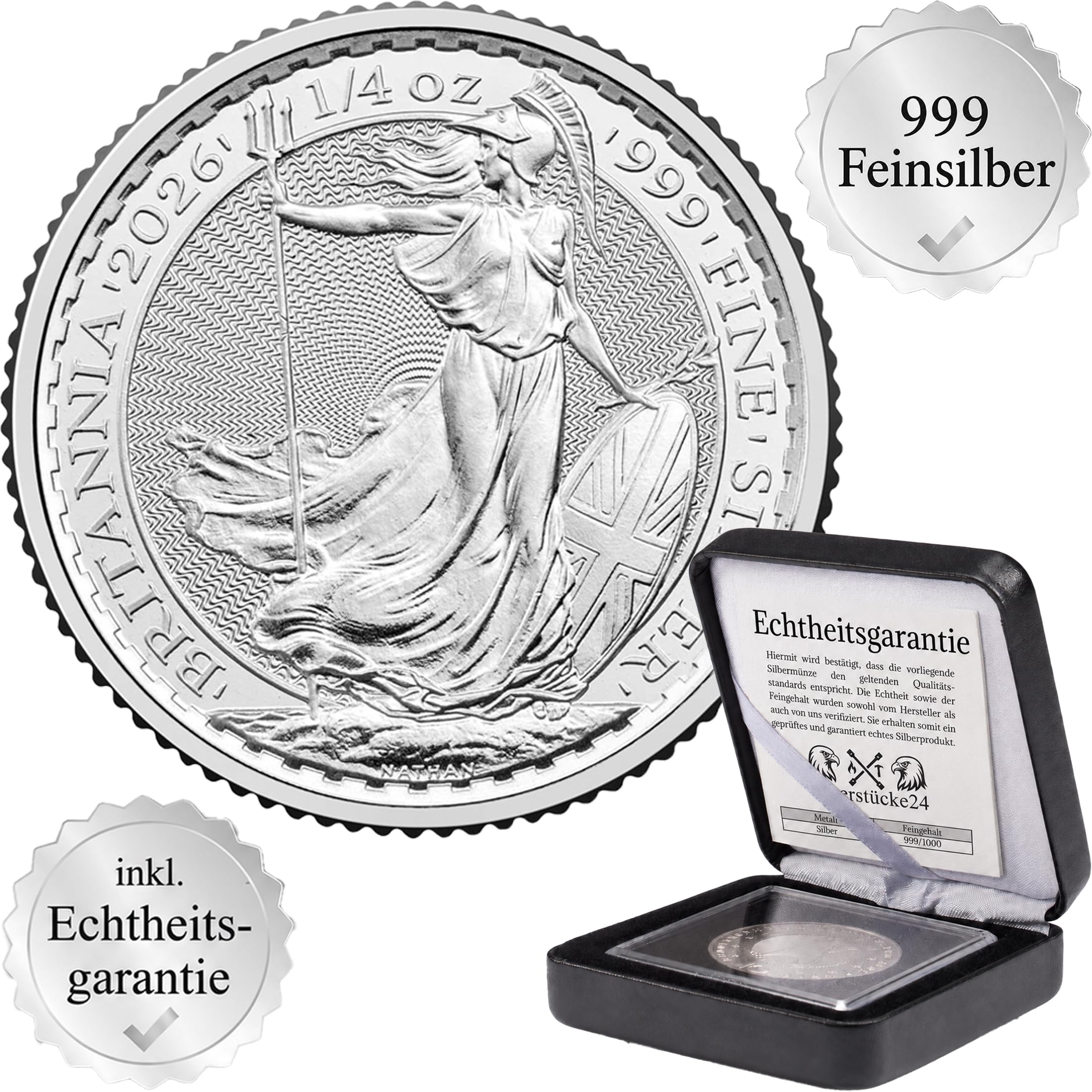 Silbermünze Britannia | Aktueller Jahrgang | Feinsilber 999 | In Münzkapsel & schwarzem Etui | Inkl. Grußkarte und Echtheitsgarantie (1/4 oz)