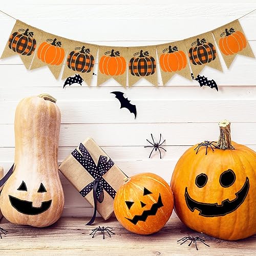Miniatura 7 de Whaline Cartel de otoño de arpillera de calabaza naranja y negra premontada, guirnalda de banderines rústicos de otoño, cosecha, celebración,