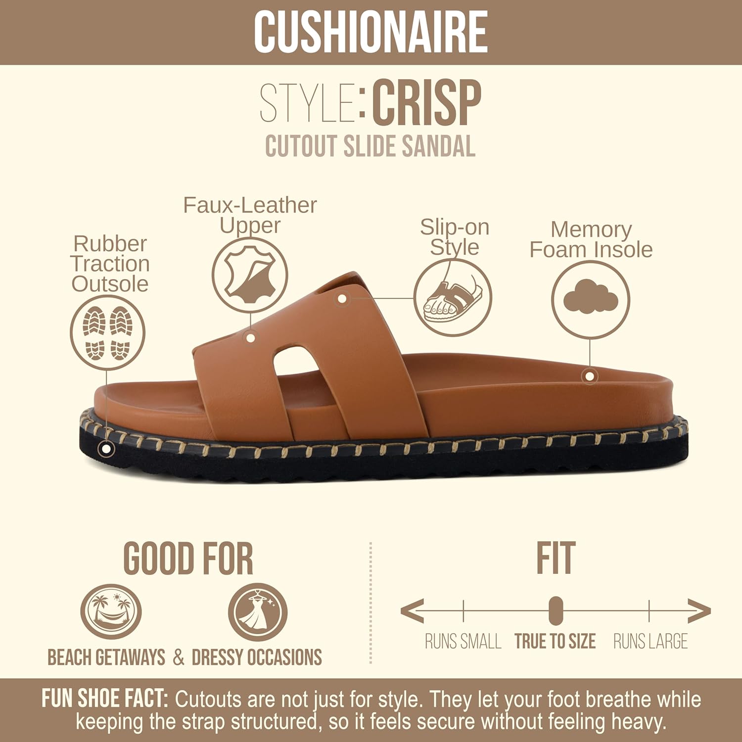 CUSHIONAIRE Crisp Women’s Slide Sandal – Faux Leather Cutout Slip-On with Artisan Stitching & Memory Foam, Wide Widths Available
